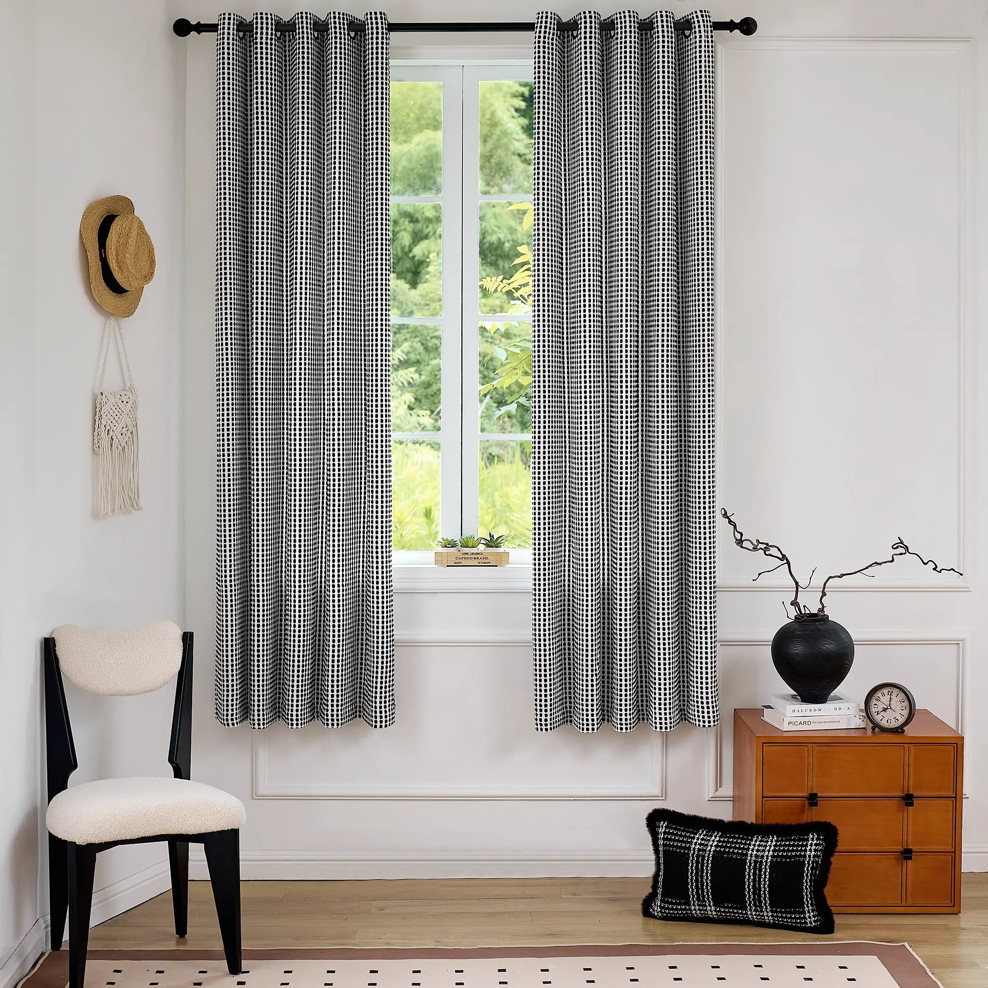 Mirelle Black & White Geometric Grid Jacquard Drapes