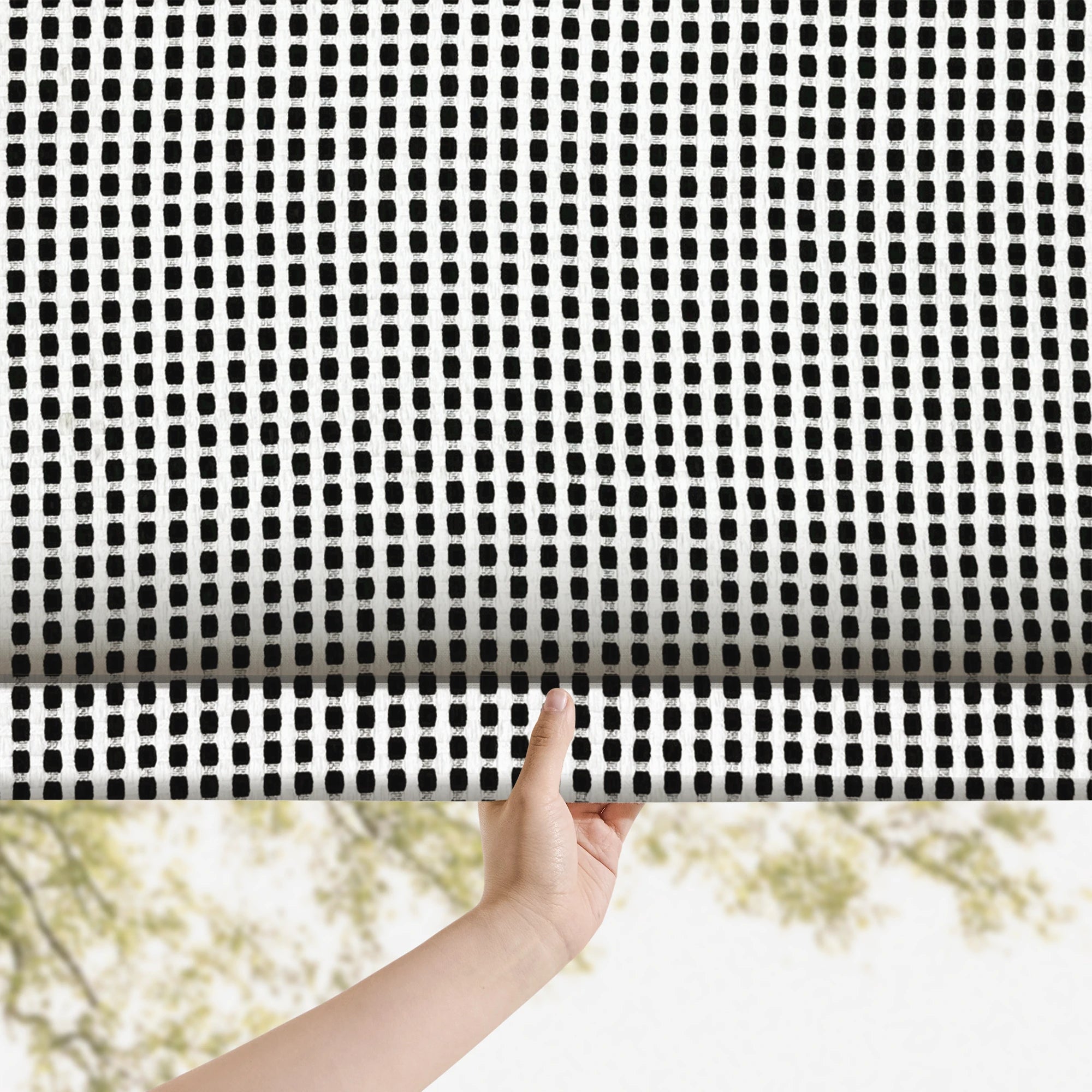 Mirelle Black & White Geometric Grid Jacquard Roman Shades: Image scene_3 showcases the roman shade with sleek black & white geometric grid jacquard patterns, high-quality fabric and elegant home scene coordination.