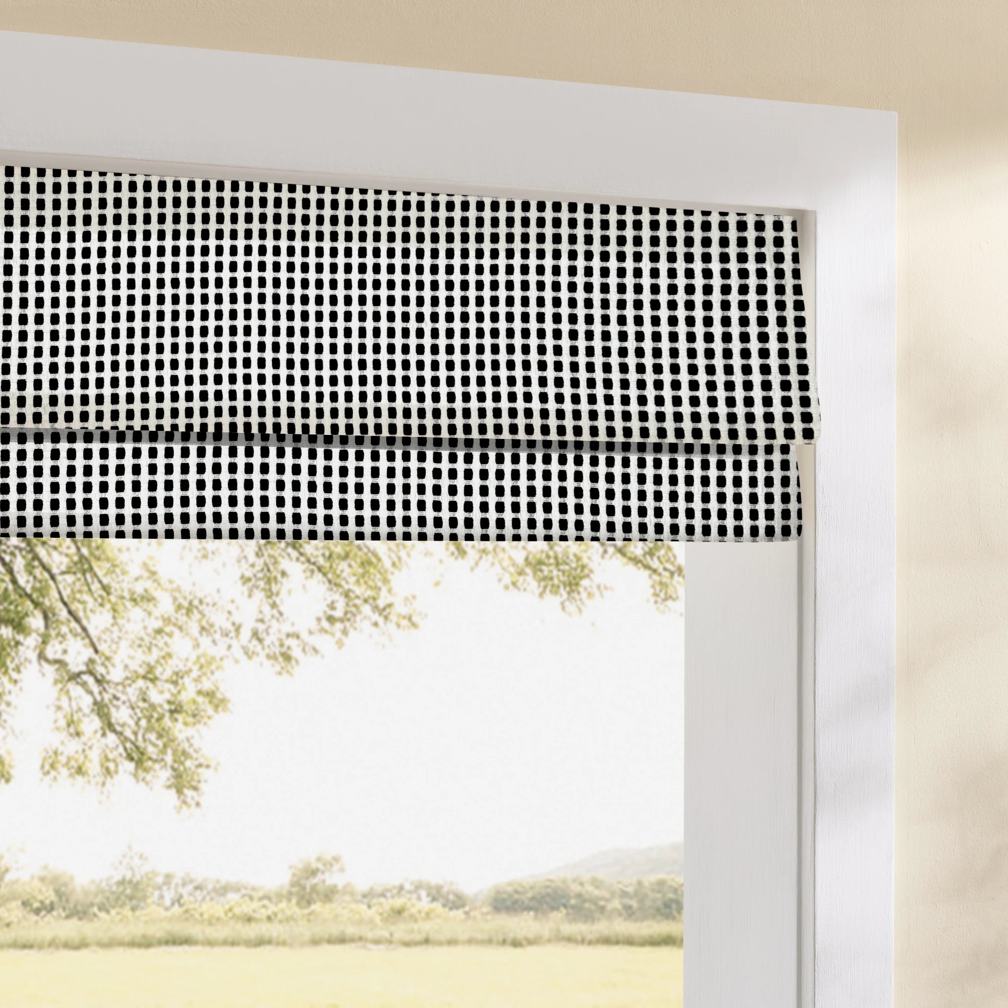 Mirelle Black & White Geometric Grid Jacquard Roman Shades: Image scene_4 showcases the roman shade with sleek black & white geometric grid jacquard patterns, high-quality fabric and elegant home scene coordination.