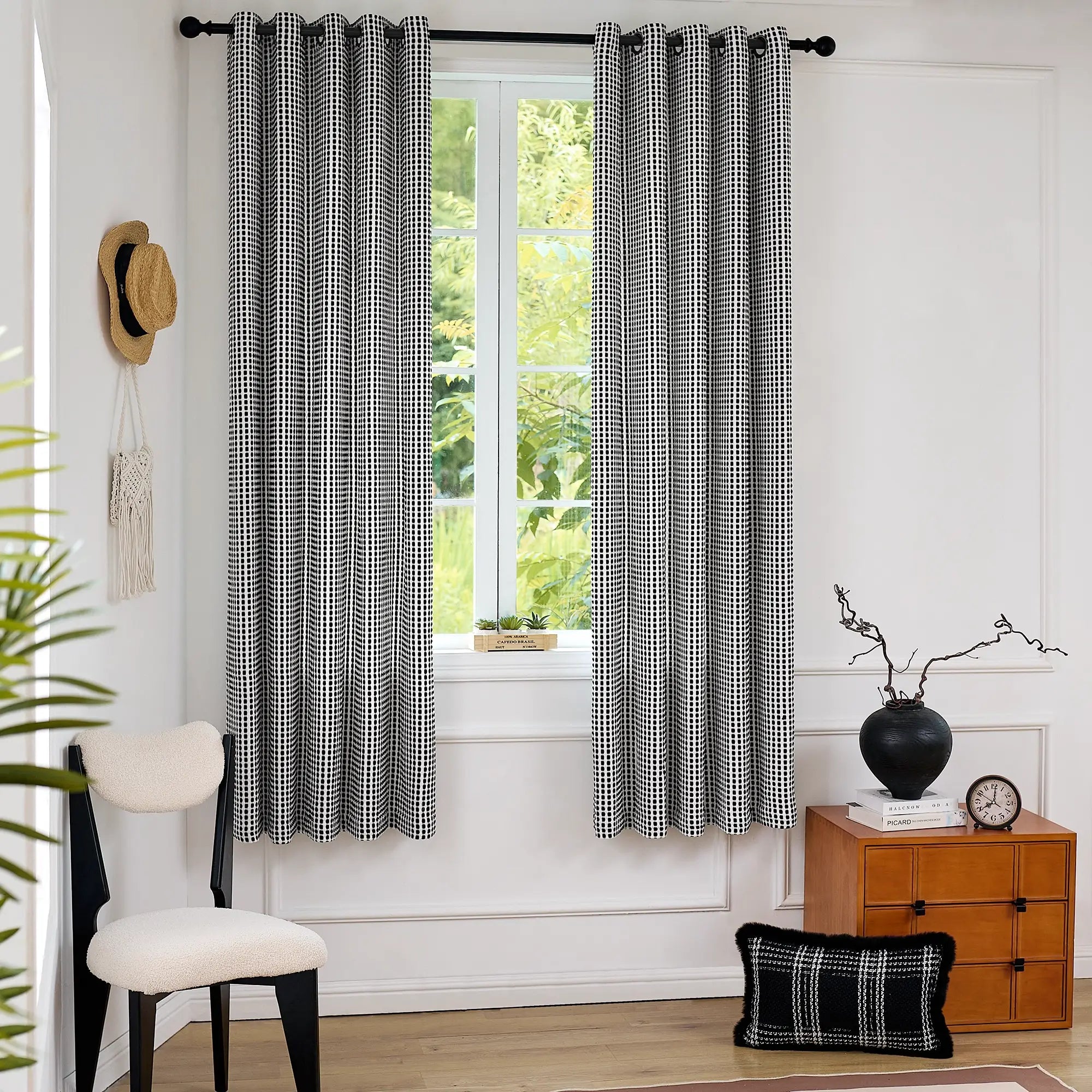 Mirelle Black & White Geometric Grid Jacquard Drapes
