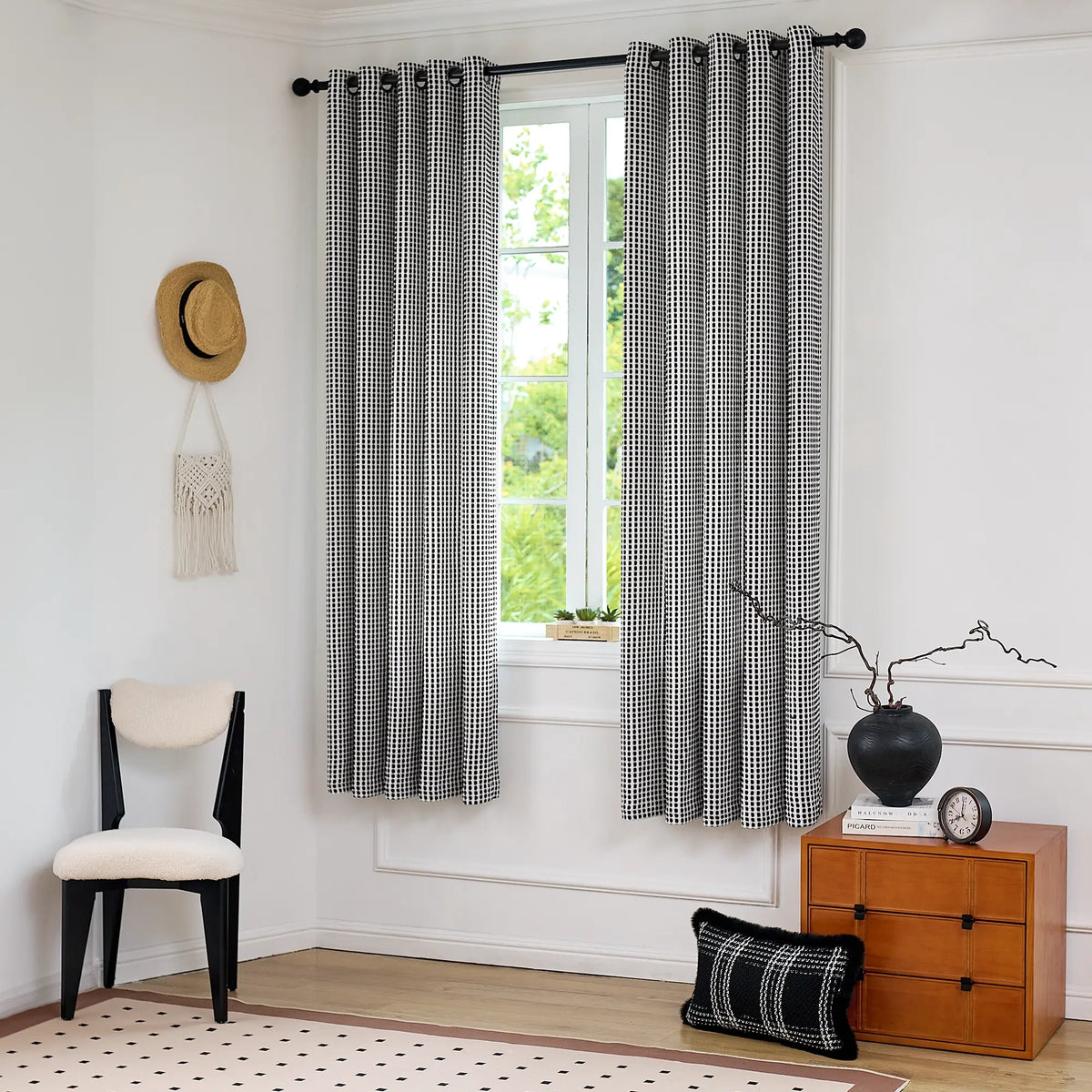 Mirelle Black & White Geometric Grid Jacquard Drapes
