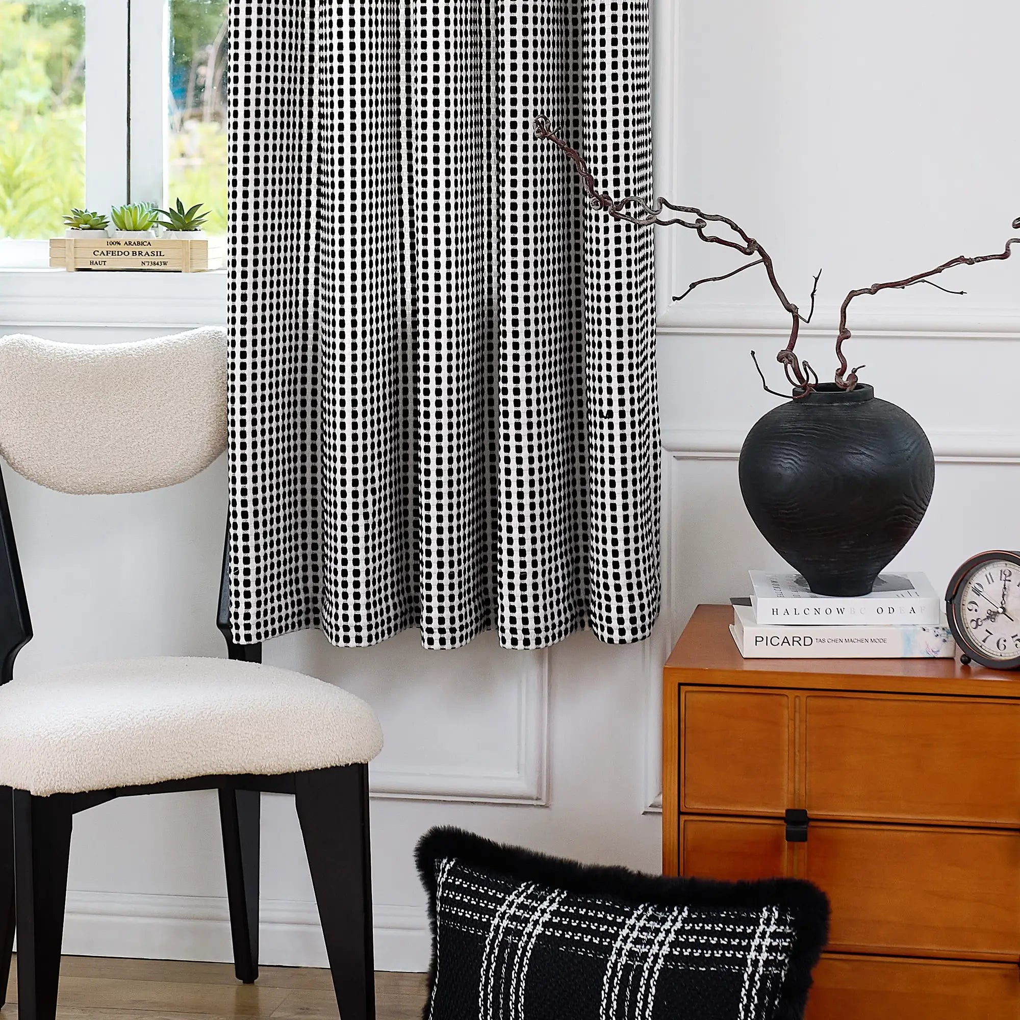 Mirelle Black & White Geometric Grid Jacquard Drapes