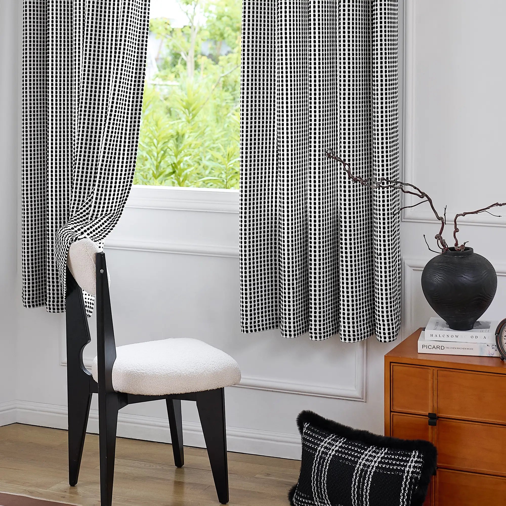 Mirelle Black & White Geometric Grid Jacquard Drapes