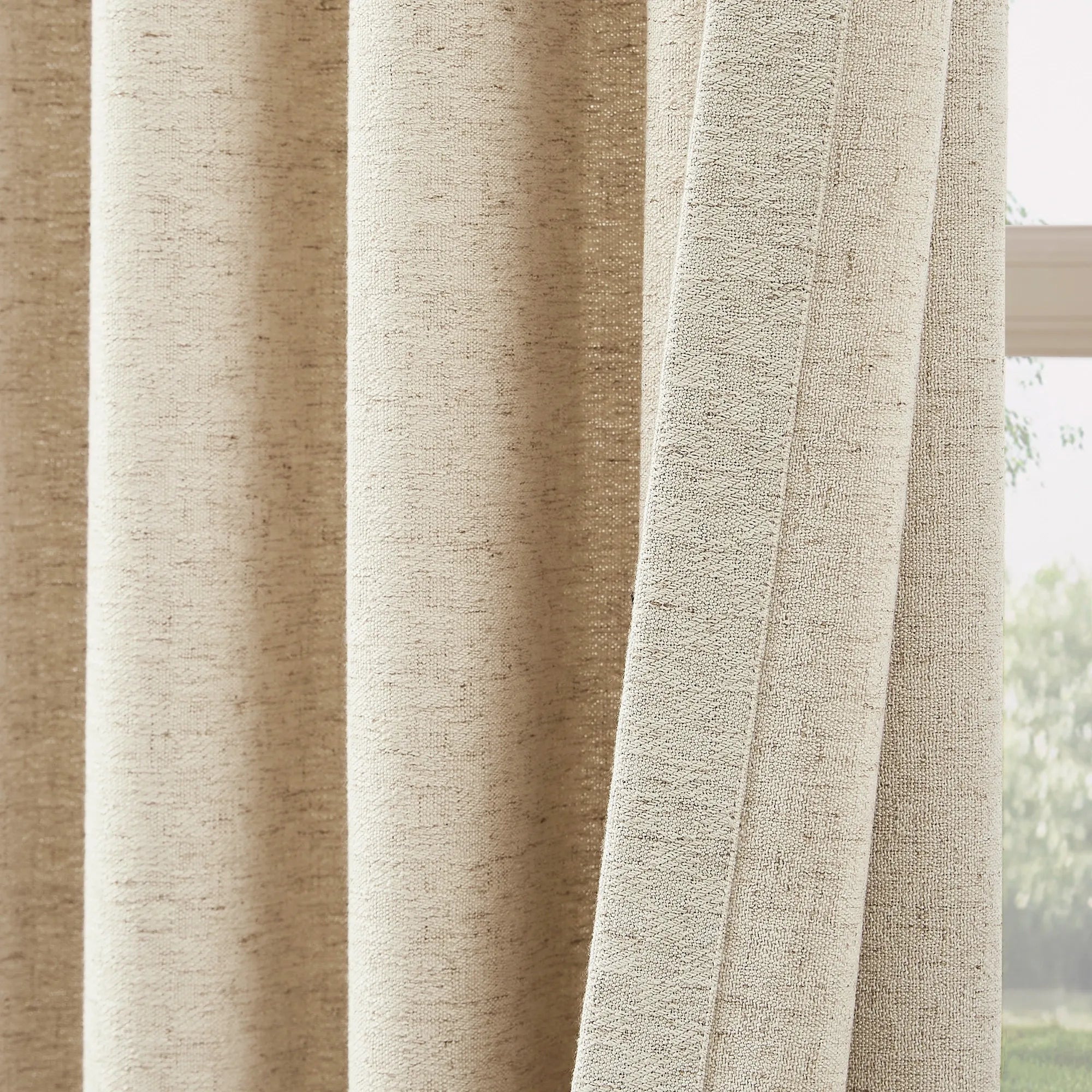 Mirena 958-12 linen-cotton blend curtain, soft light filtering, front and back detail display