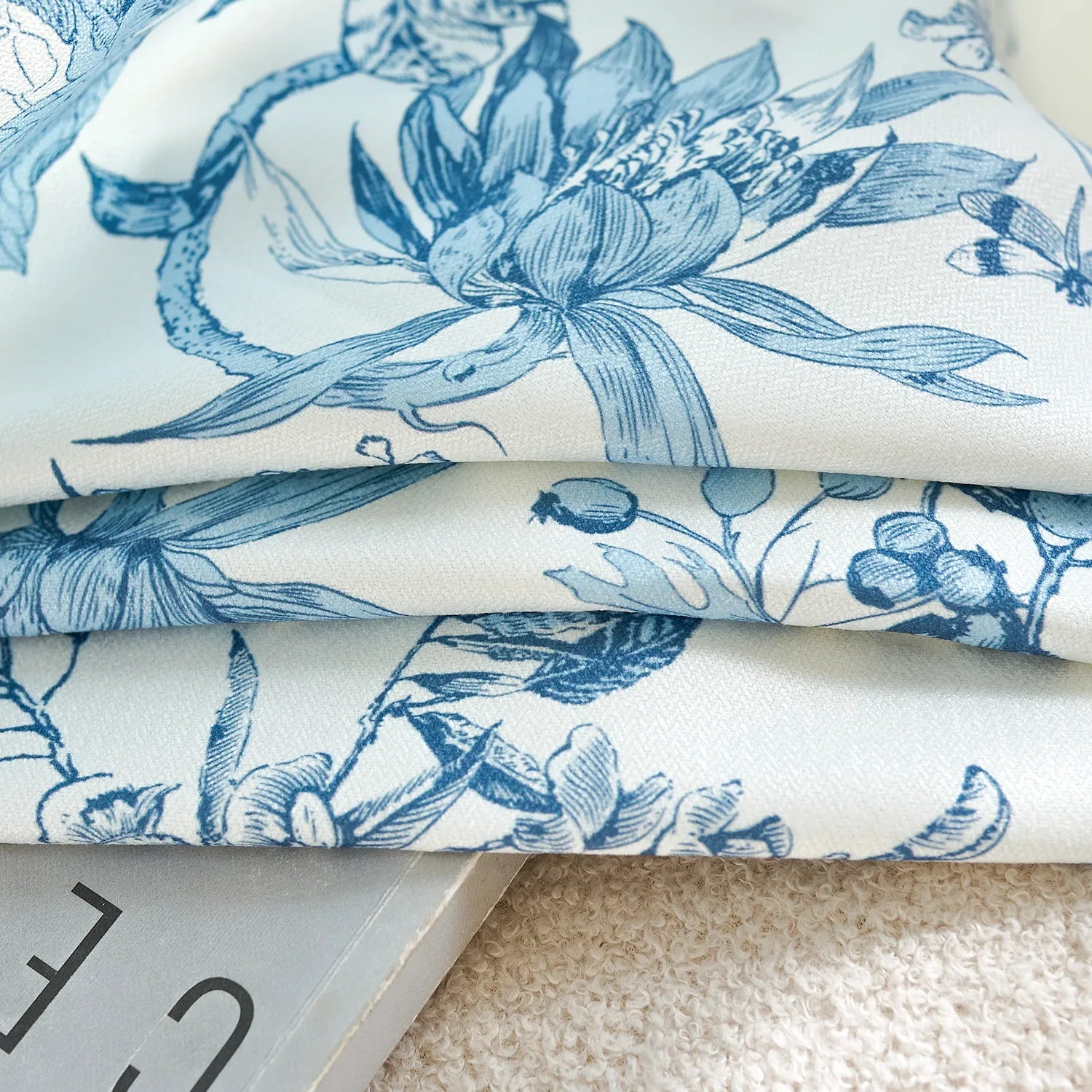 Nia Blue Botanical Floral Chenille Floral Roman Shades for Large Windows: Image detail_1 highlights the intricate botanical floral design, soft chenille texture and fine detailing of the roman shade.