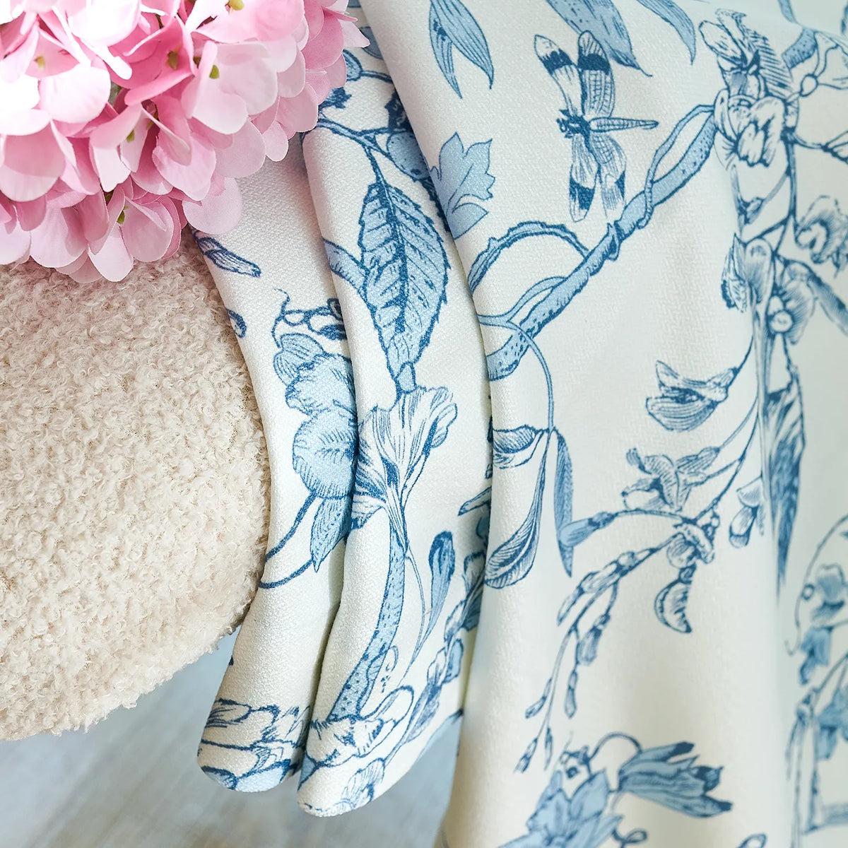 Nia Blue Botanical Floral Chenille Floral Drapes