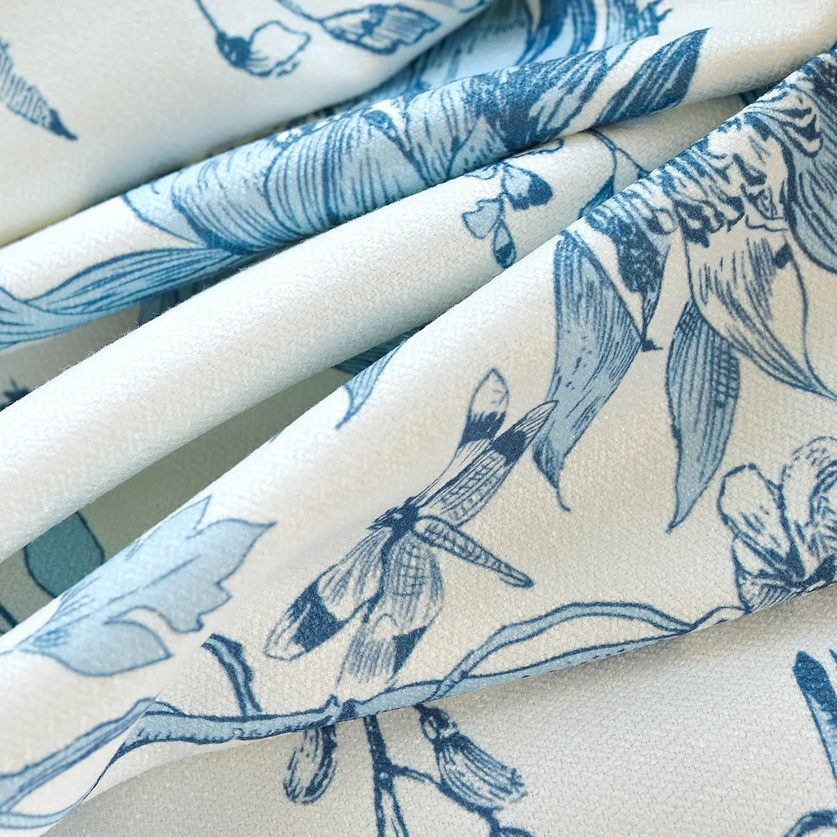 Nia Blue Botanical Floral Chenille Floral Drapes