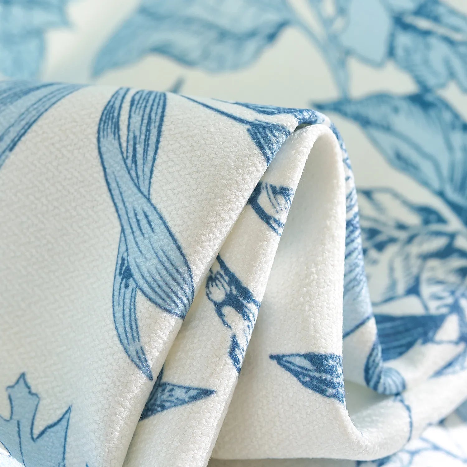 Nia Blue Botanical Floral Chenille Floral Roman Shades for Large Windows: Image detail_4 highlights the intricate botanical floral design, soft chenille texture and fine detailing of the roman shade.