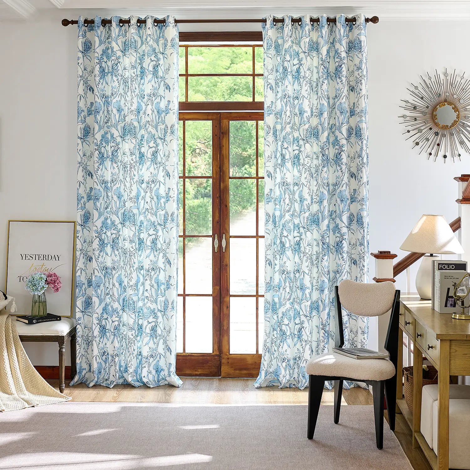 Nia Blue Botanical Floral Chenille Floral Drapes