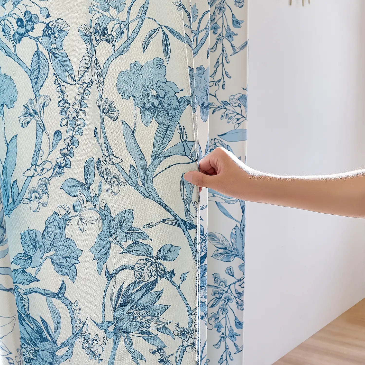 Nia Blue Botanical Floral Chenille Floral Drapes