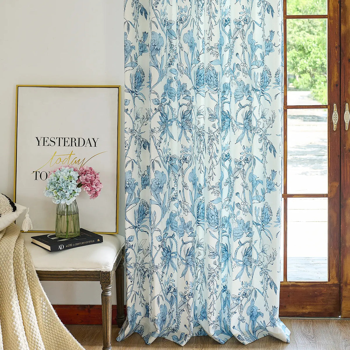 Nia Blue Botanical Floral Chenille Floral Drapes