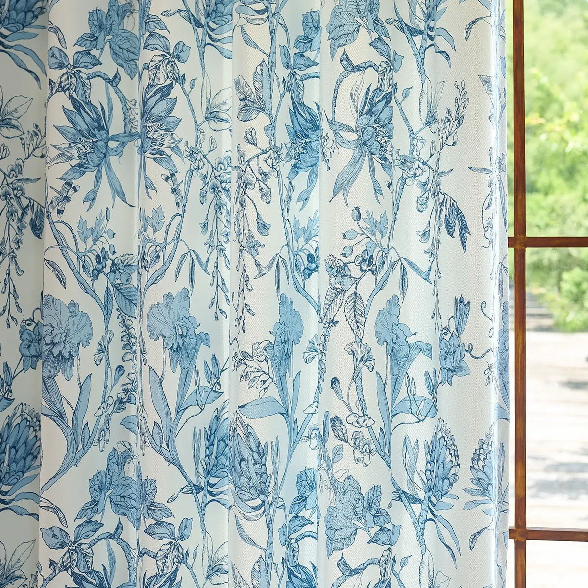 Nia Blue Botanical Floral Chenille Floral Drapes