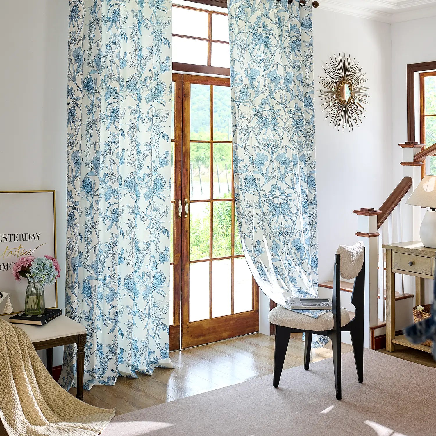Nia Blue Botanical Floral Chenille Floral Drapes