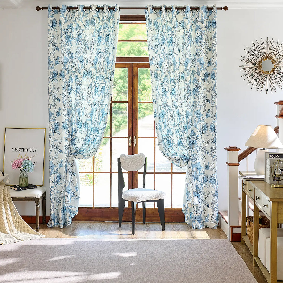 Nia Blue Botanical Floral Chenille Floral Drapes