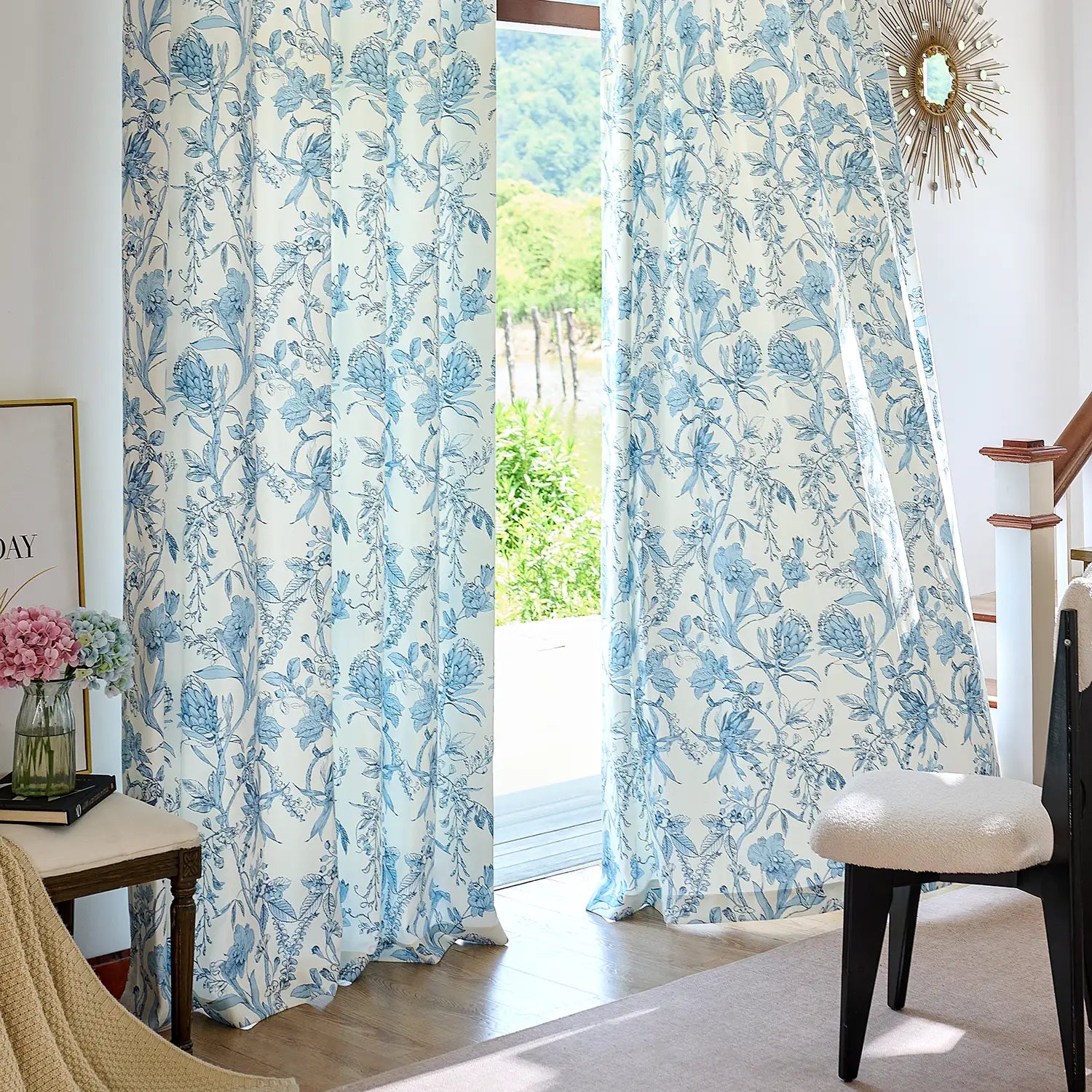 Nia Blue Botanical Floral Chenille Floral Drapes