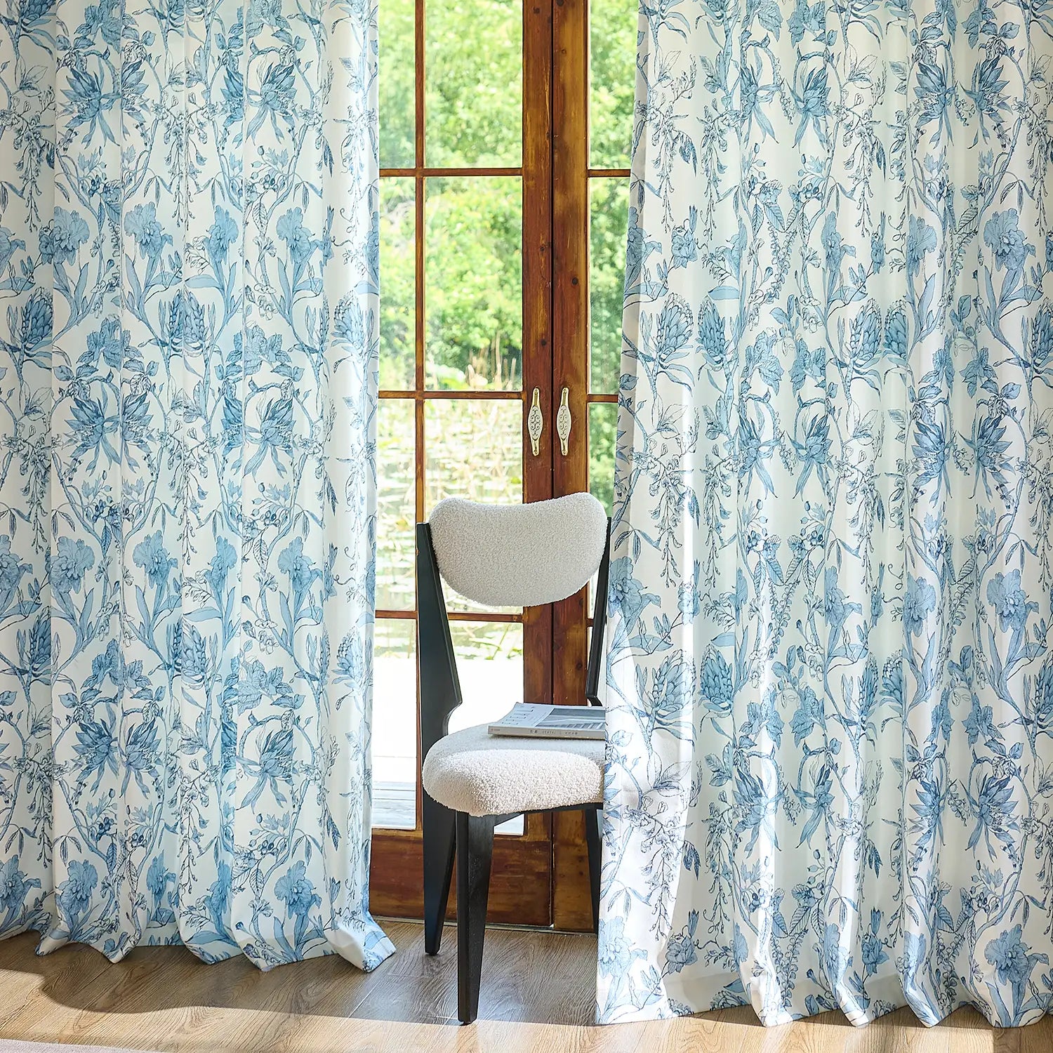 Nia Blue Botanical Floral Chenille Floral Drapes