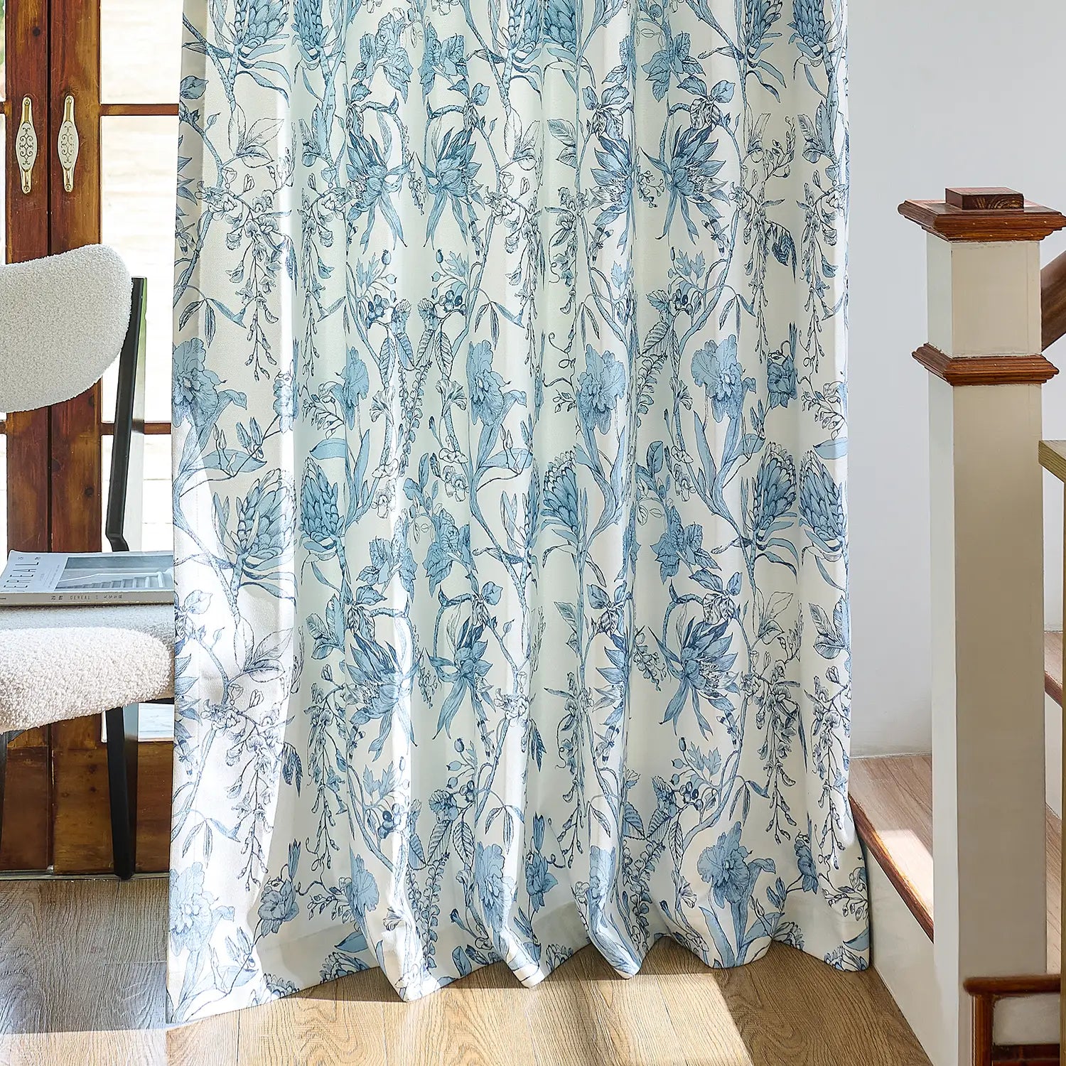 Nia Blue Botanical Floral Chenille Floral Drapes