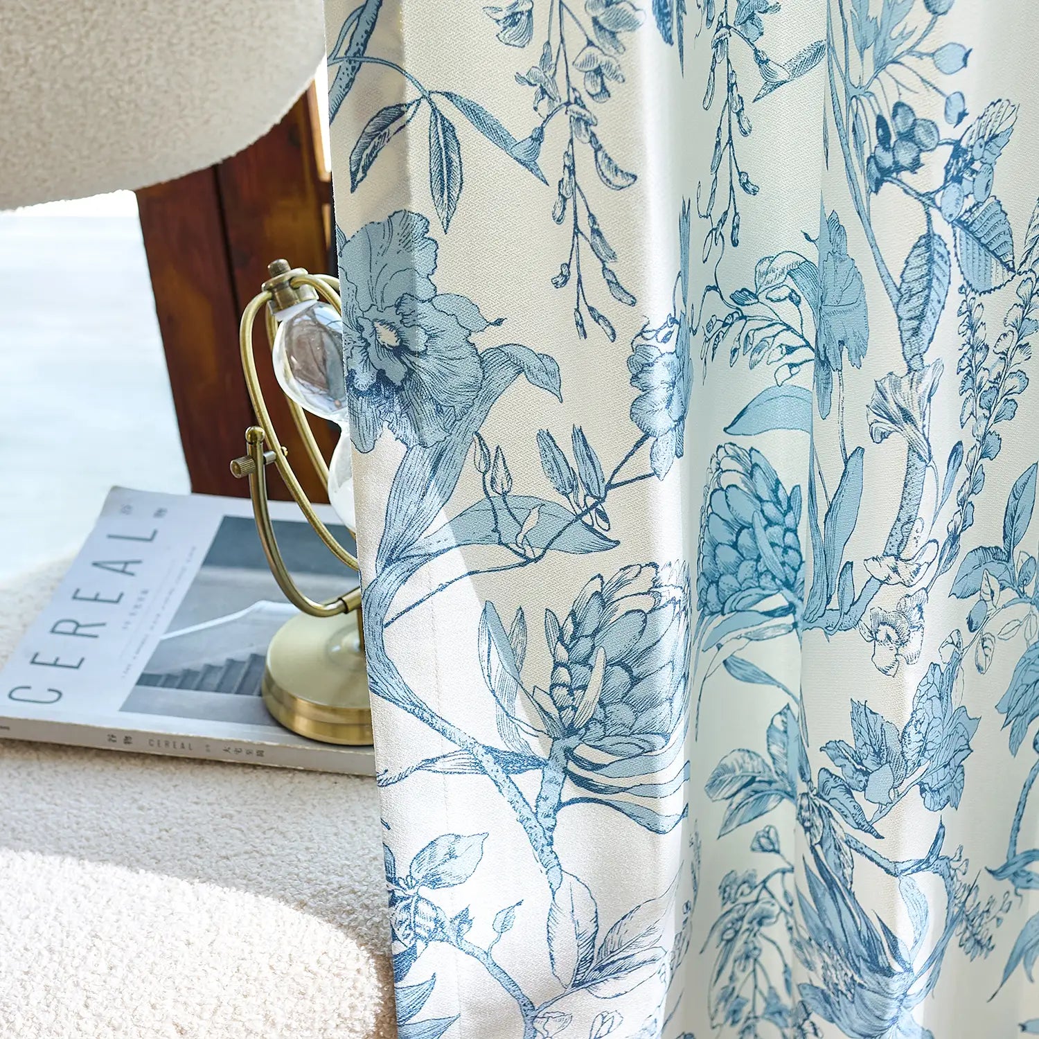 Nia Blue Botanical Floral Chenille Floral Drapes