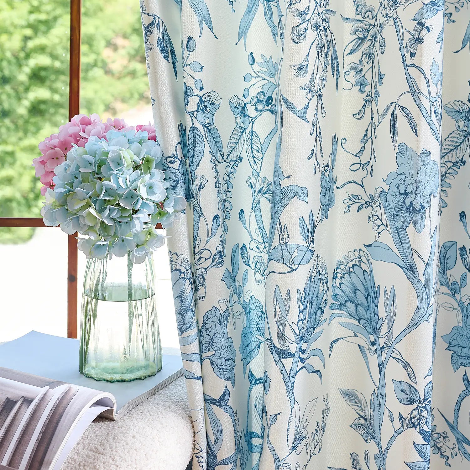 Nia Blue Botanical Floral Chenille Floral Drapes