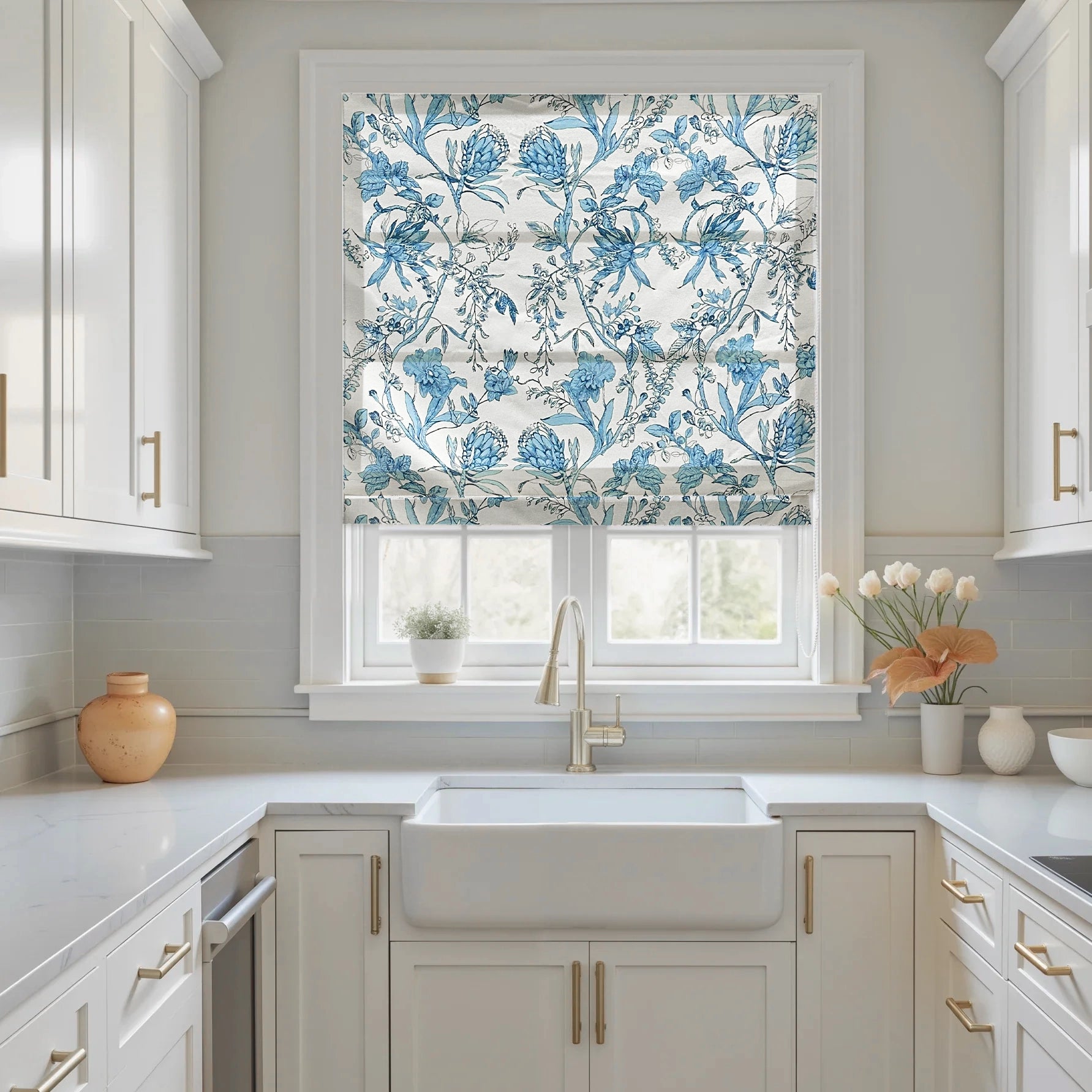 Nia Blue Botanical Floral Chenille Floral Roman Shades for Large Windows: Image 1 showcases the roman shade with beautiful botanical floral patterns, soft chenille fabric and ideal fit for large windows.