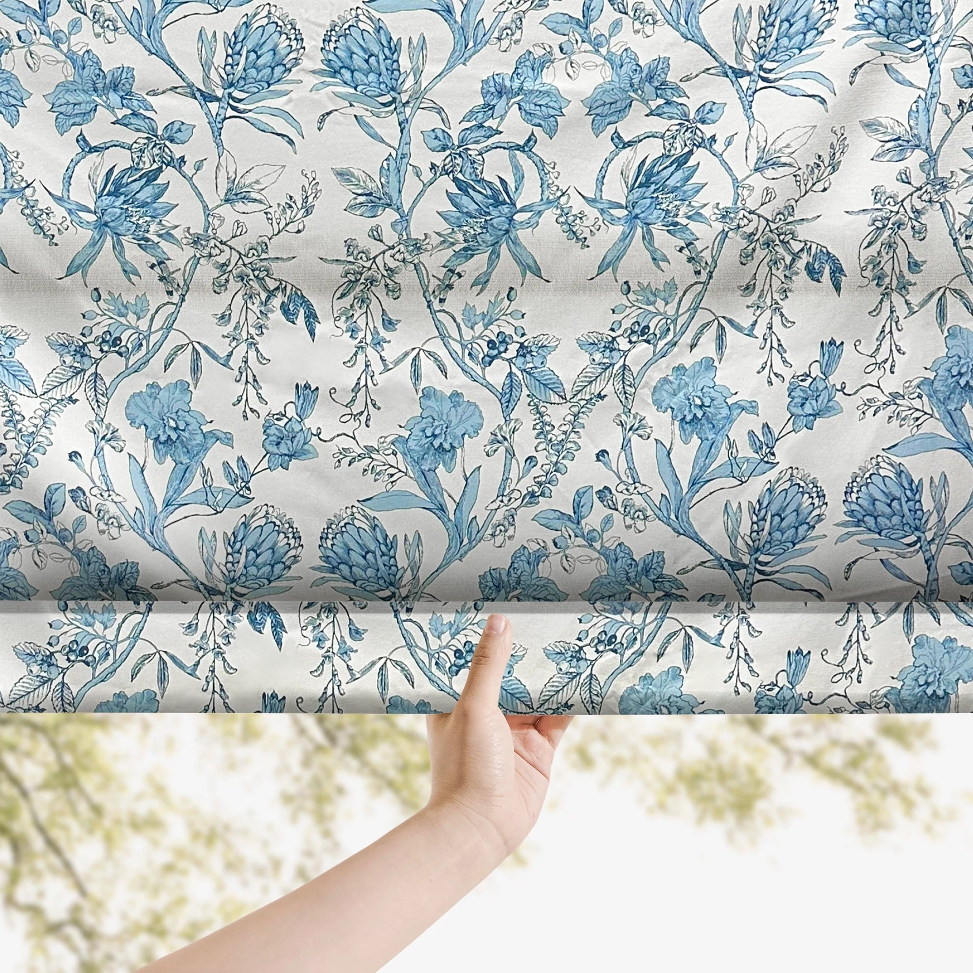 Nia Blue Botanical Floral Chenille Floral Roman Shades for Large Windows: Image 2 showcases the roman shade with beautiful botanical floral patterns, soft chenille fabric and ideal fit for large windows.