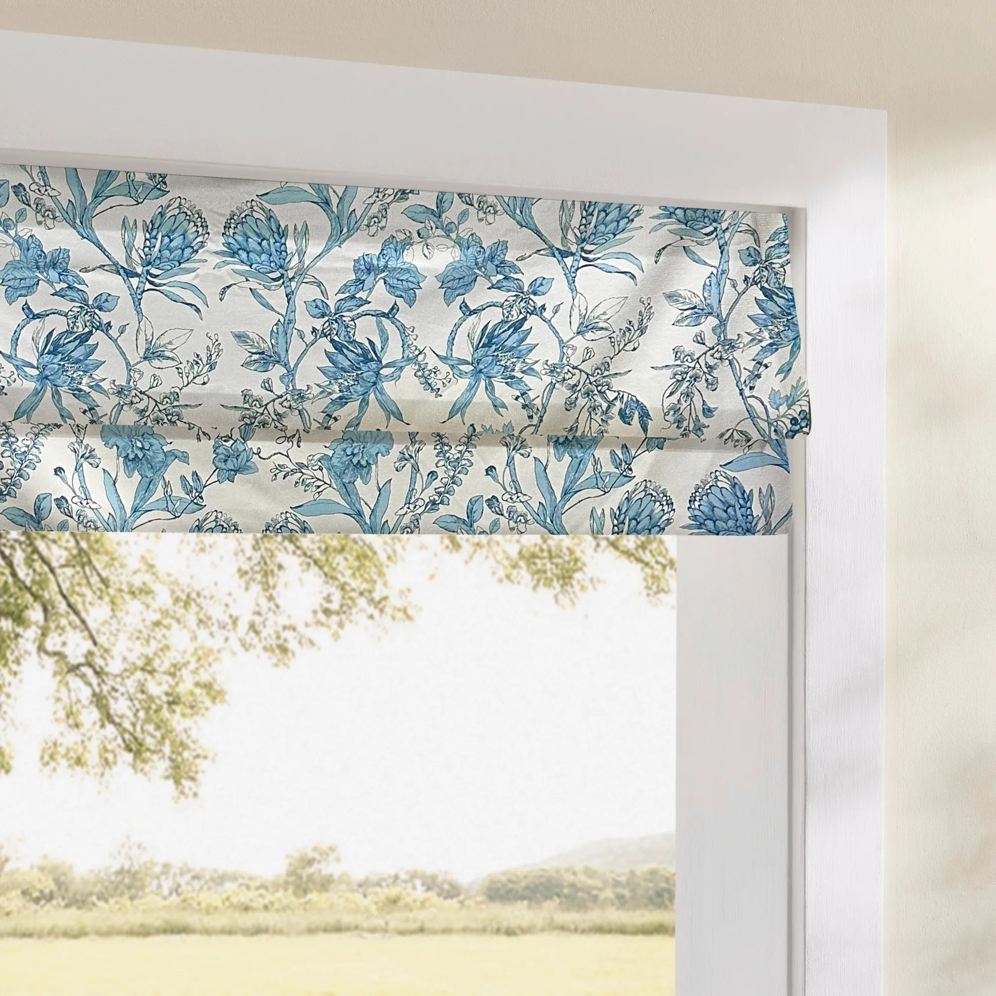 Nia Blue Botanical Floral Chenille Floral Roman Shades for Large Windows: Image 3 showcases the roman shade with beautiful botanical floral patterns, soft chenille fabric and ideal fit for large windows.