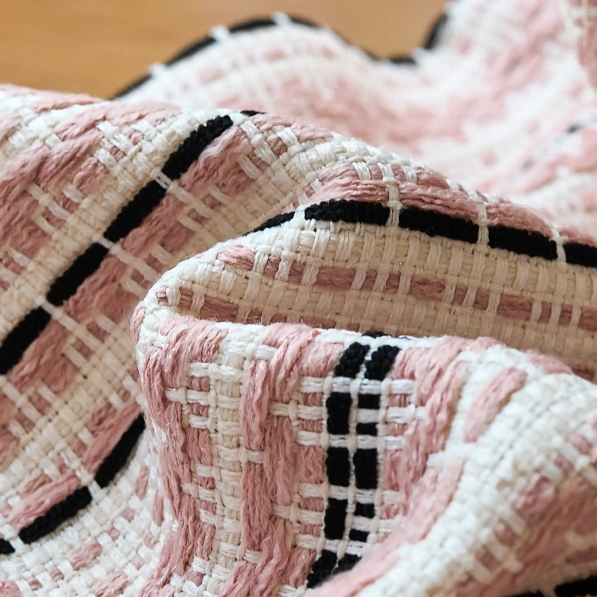 Nolara Pink & Black Boho Geometric Jacquard Curtains with Vertical Stripes Roman Shades: Image H017_detail_4 highlights the exquisite boho geometric jacquard details, classic vertical stripe texture and premium craftsmanship of the roman shade.