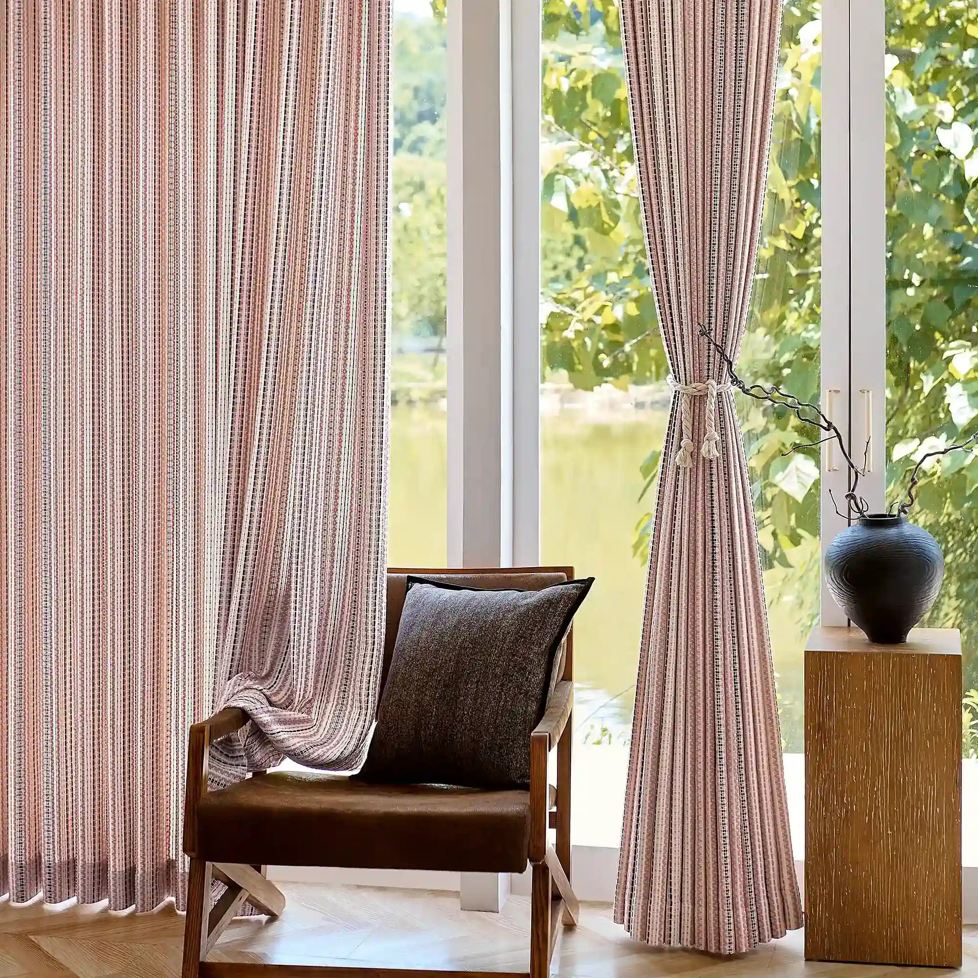 Nolara Pink & Black Boho Geometric Jacquard Curtains with Vertical Stripes