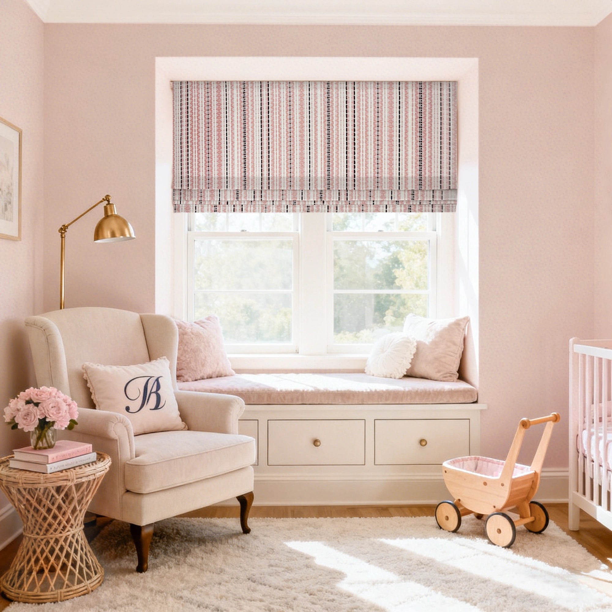 Nolara Pink & Black Boho Geometric Jacquard Curtains with Vertical Stripes Roman Shades: Image H017_scene_2 showcases the roman shade with chic pink & black boho geometric jacquard pattern, timeless vertical stripes and stylish home scene coordination.