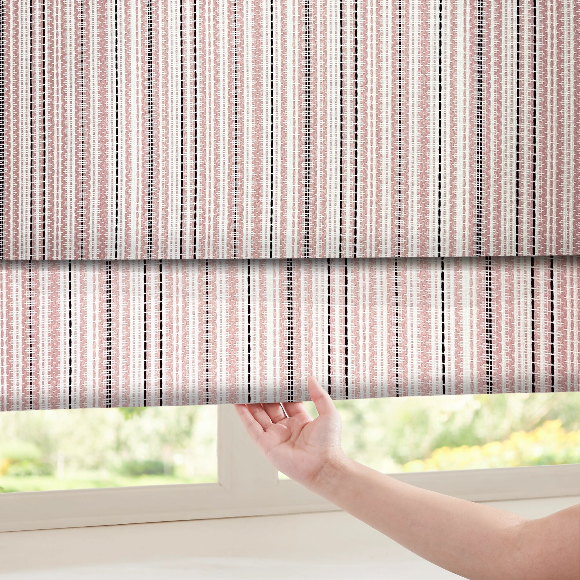 Nolara Pink & Black Boho Geometric Jacquard Curtains with Vertical Stripes Roman Shades: Image H017_scene_3 showcases the roman shade with chic pink & black boho geometric jacquard pattern, timeless vertical stripes and stylish home scene coordination.
