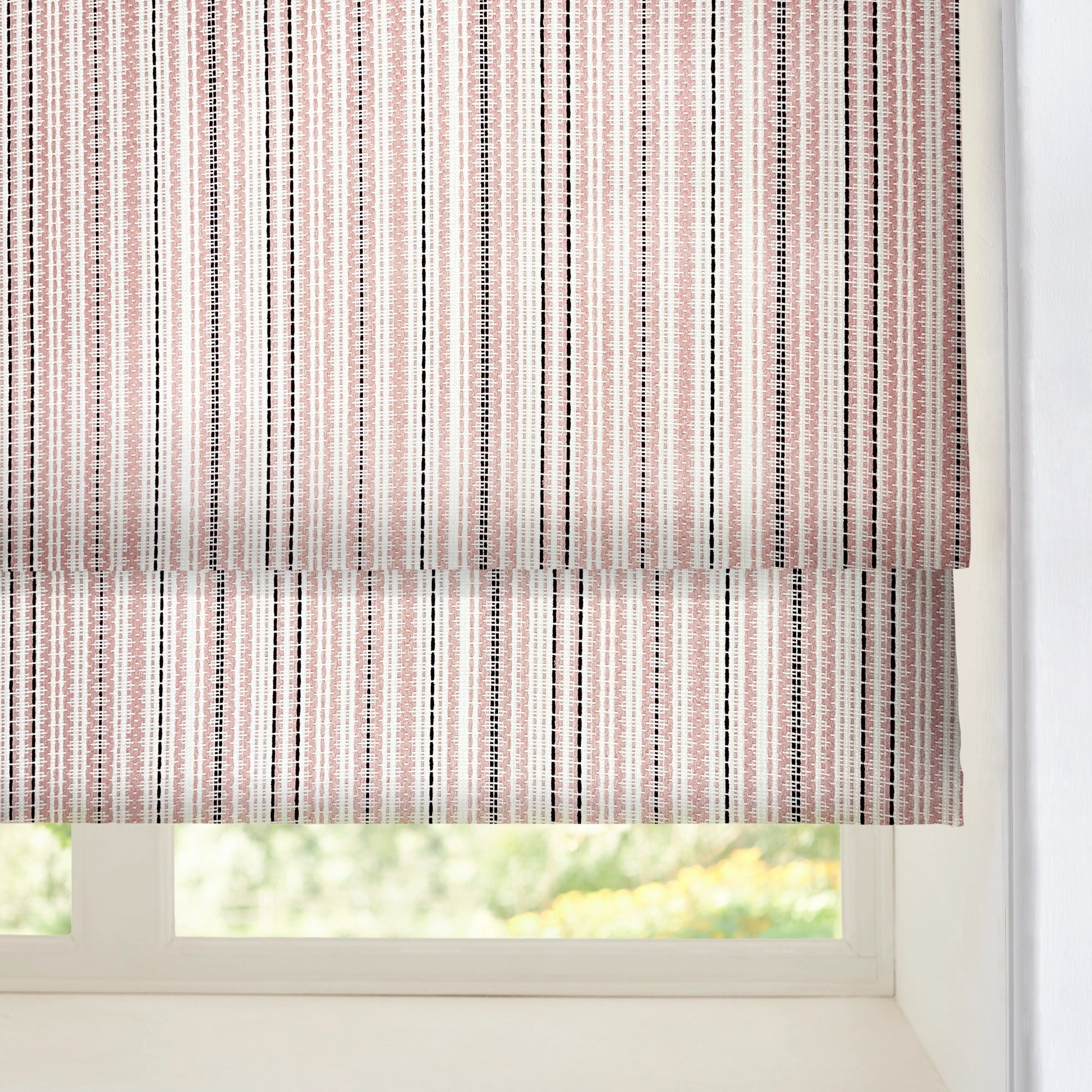 Nolara Pink & Black Boho Geometric Jacquard Curtains with Vertical Stripes Roman Shades: Image H017_scene_4 showcases the roman shade with chic pink & black boho geometric jacquard pattern, timeless vertical stripes and stylish home scene coordination.