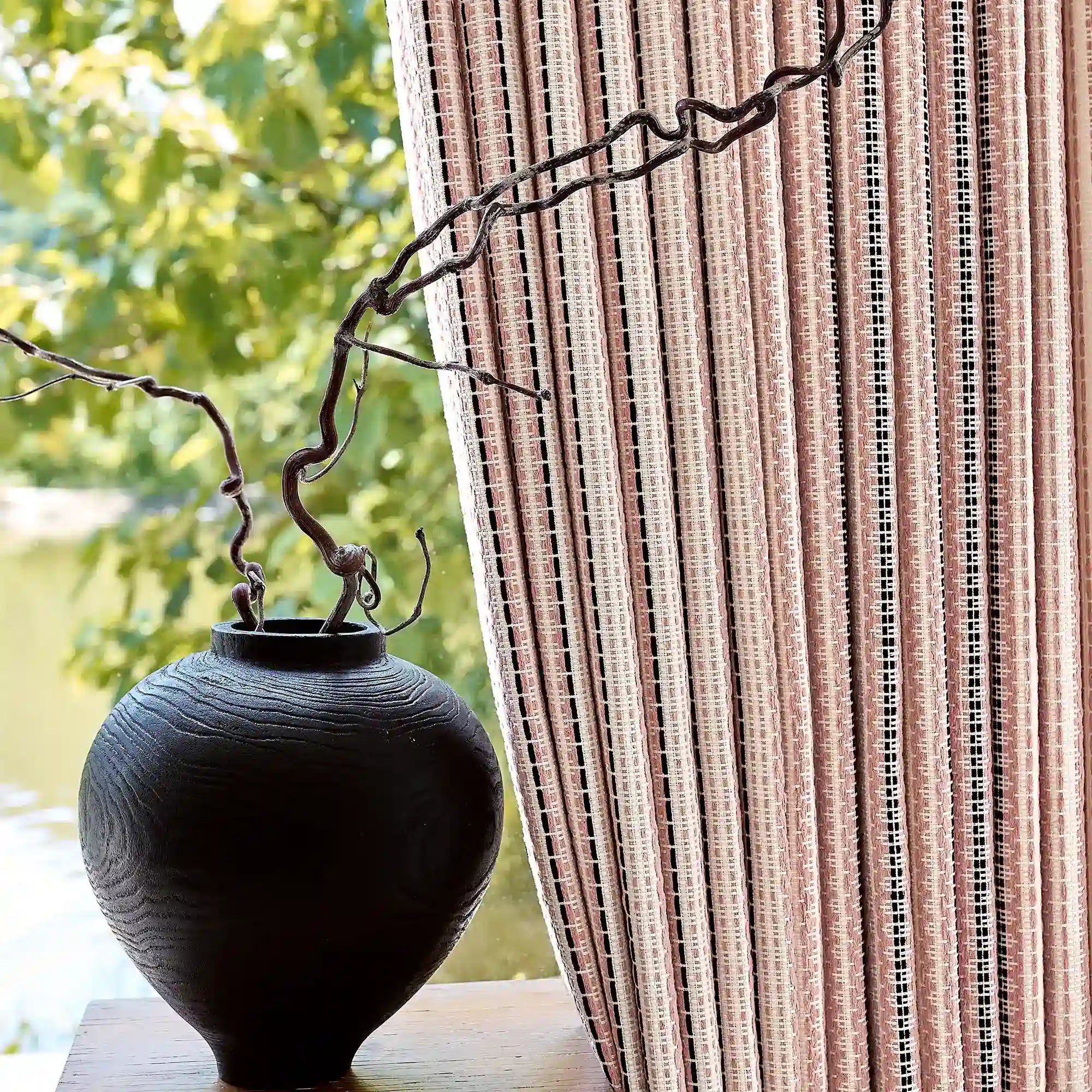 Nolara Pink & Black Boho Geometric Jacquard Curtains with Vertical Stripes