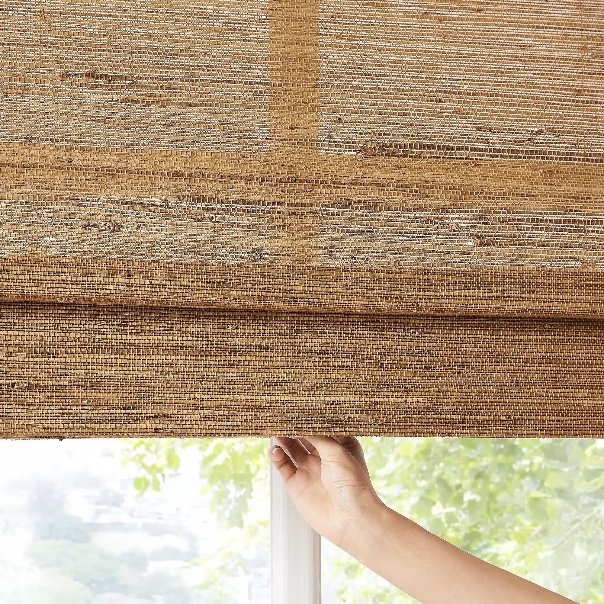 Noris No-Drill bamboo & jute woven shades, creates warm and natural visual effect