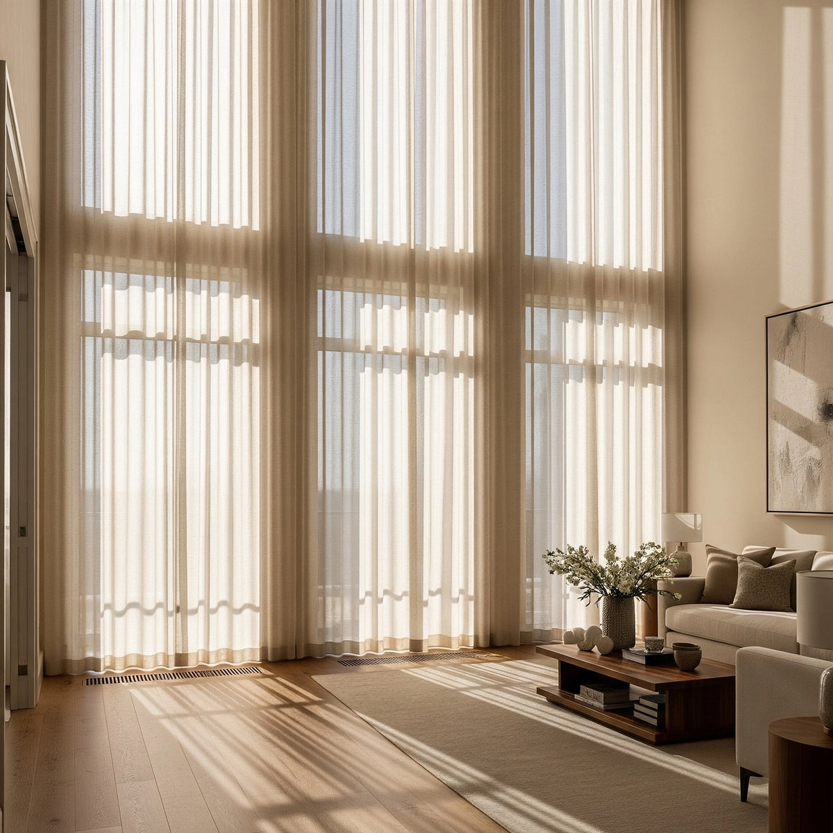 Nova long_2 semi-sheer elegant drapes for large windows showcasing the curtains in a home interior