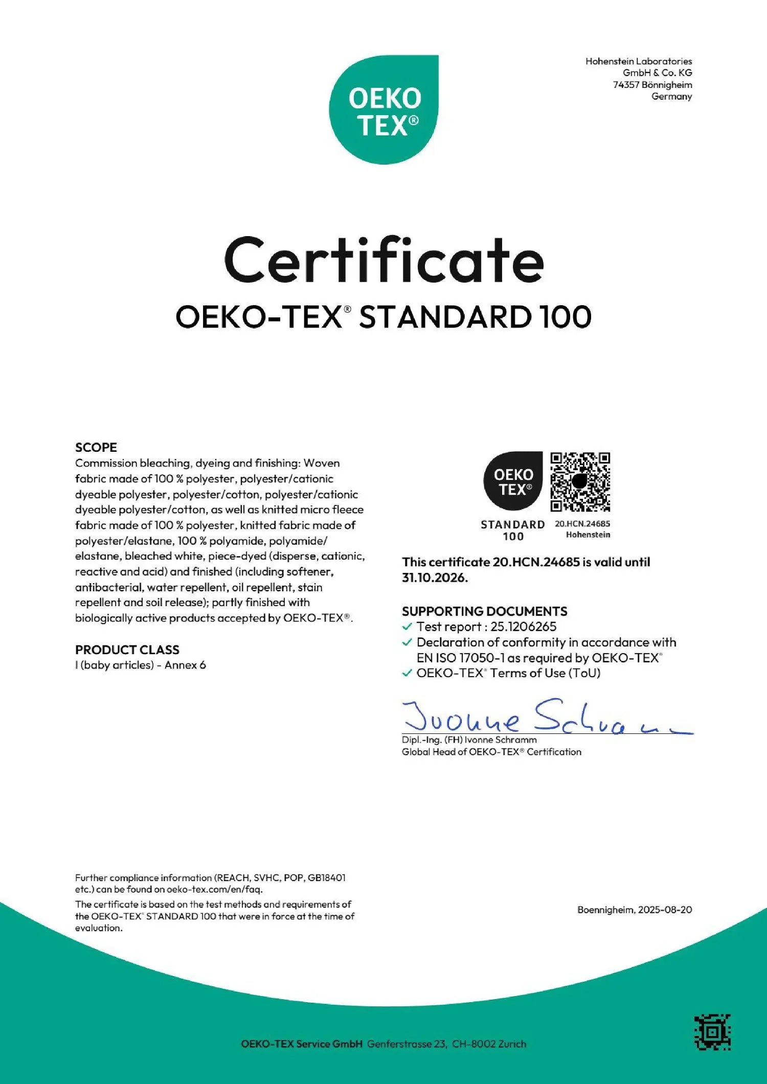 Oeko-Tex Standard 100 certification document on a white background