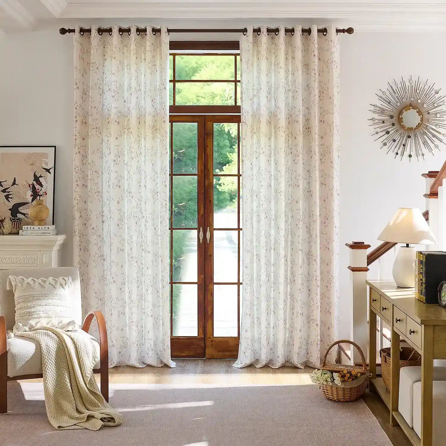 Olivine Peach Blossoms Linen Textured Sheer Curtains