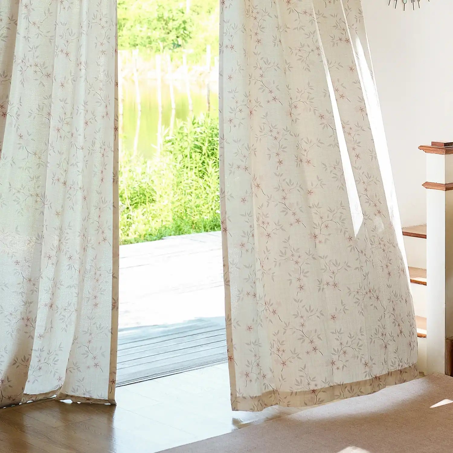 Olivine Peach Blossoms Linen Textured Sheer Curtains