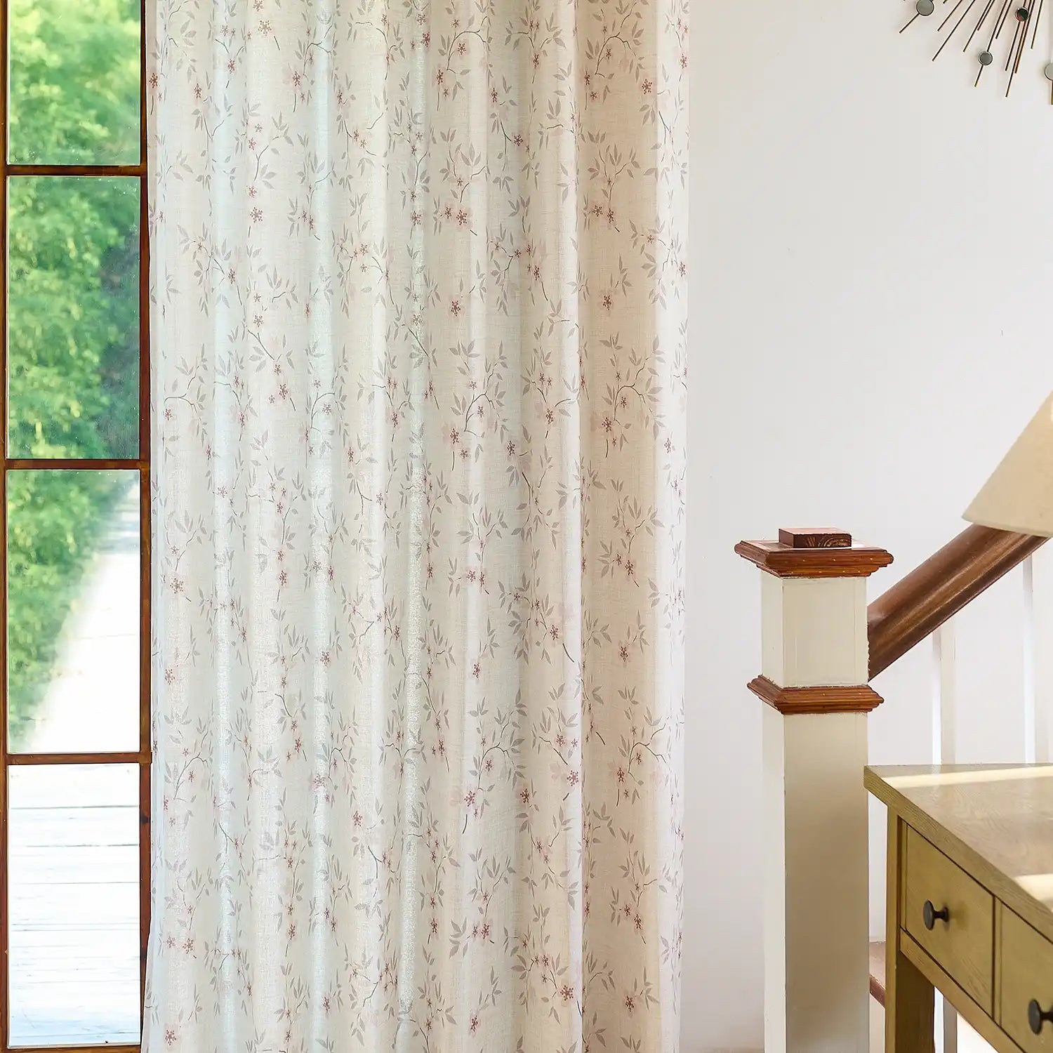 Olivine Peach Blossoms Linen Textured Sheer Curtains