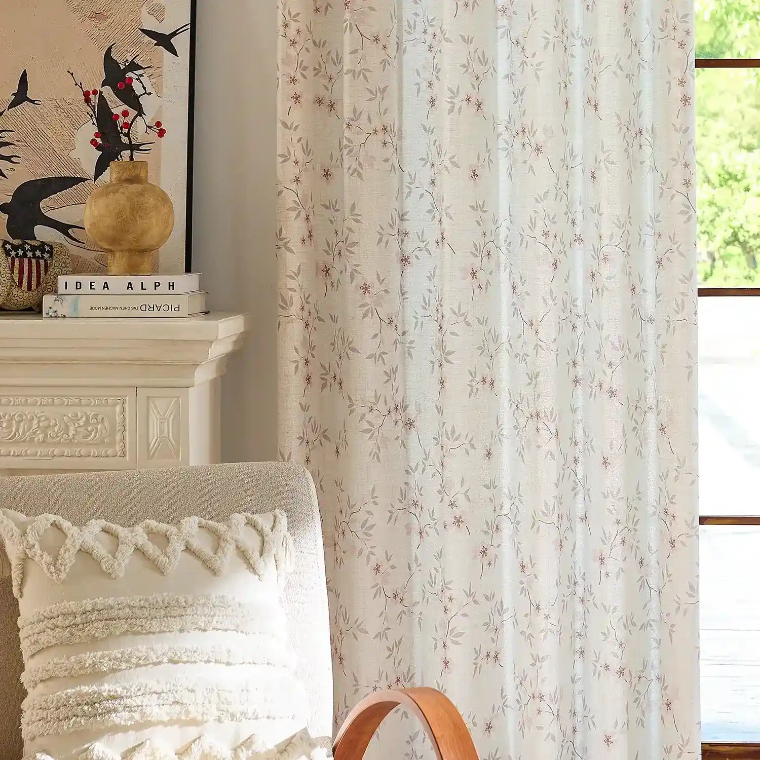 Olivine Peach Blossoms Linen Textured Sheer Curtains