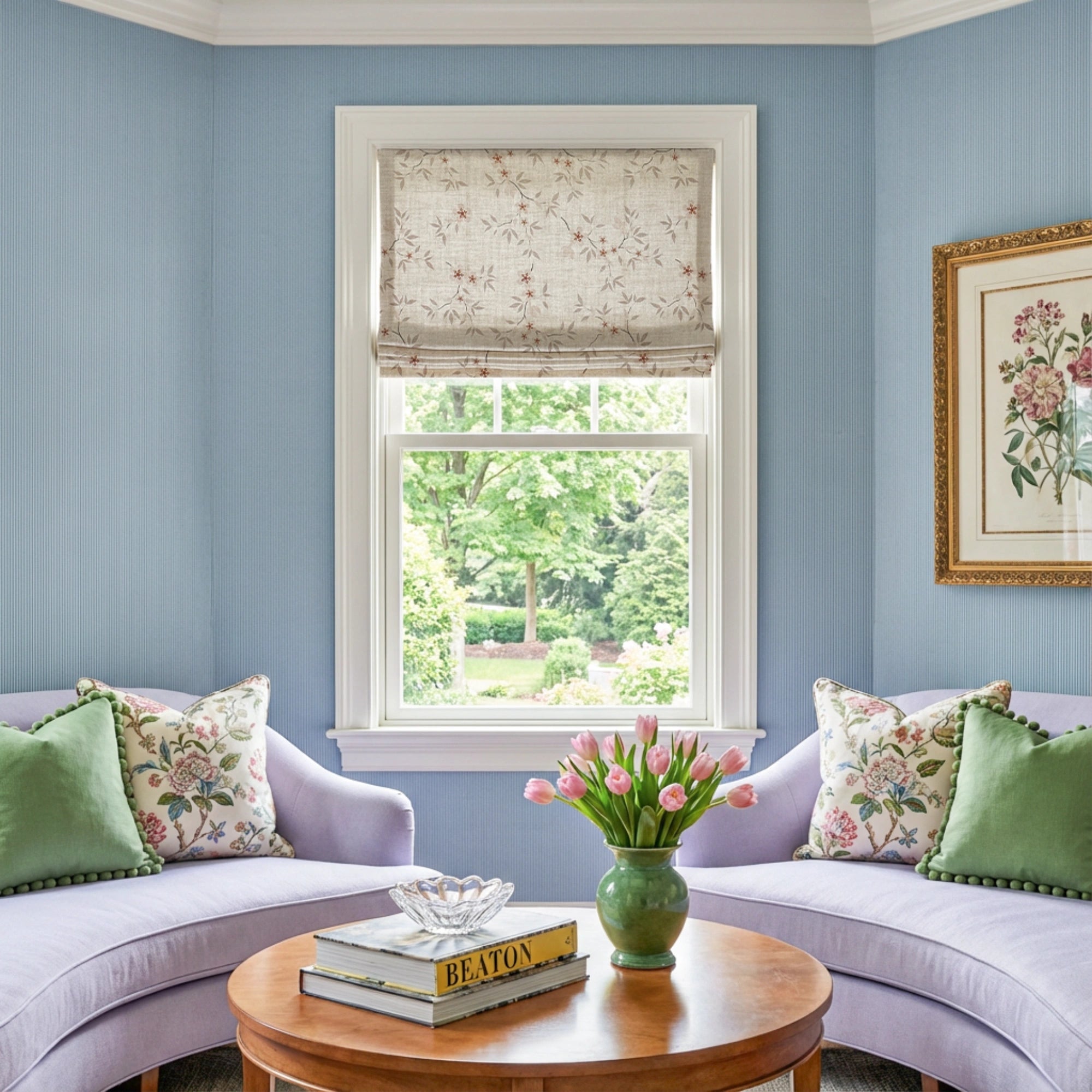 Olivine Peach Blossoms Linen Textured Roman Shades: Image H-005_scene_1 showcases the roman shade with fresh peach blossom patterns, natural linen textured fabric and elegant home scene display.