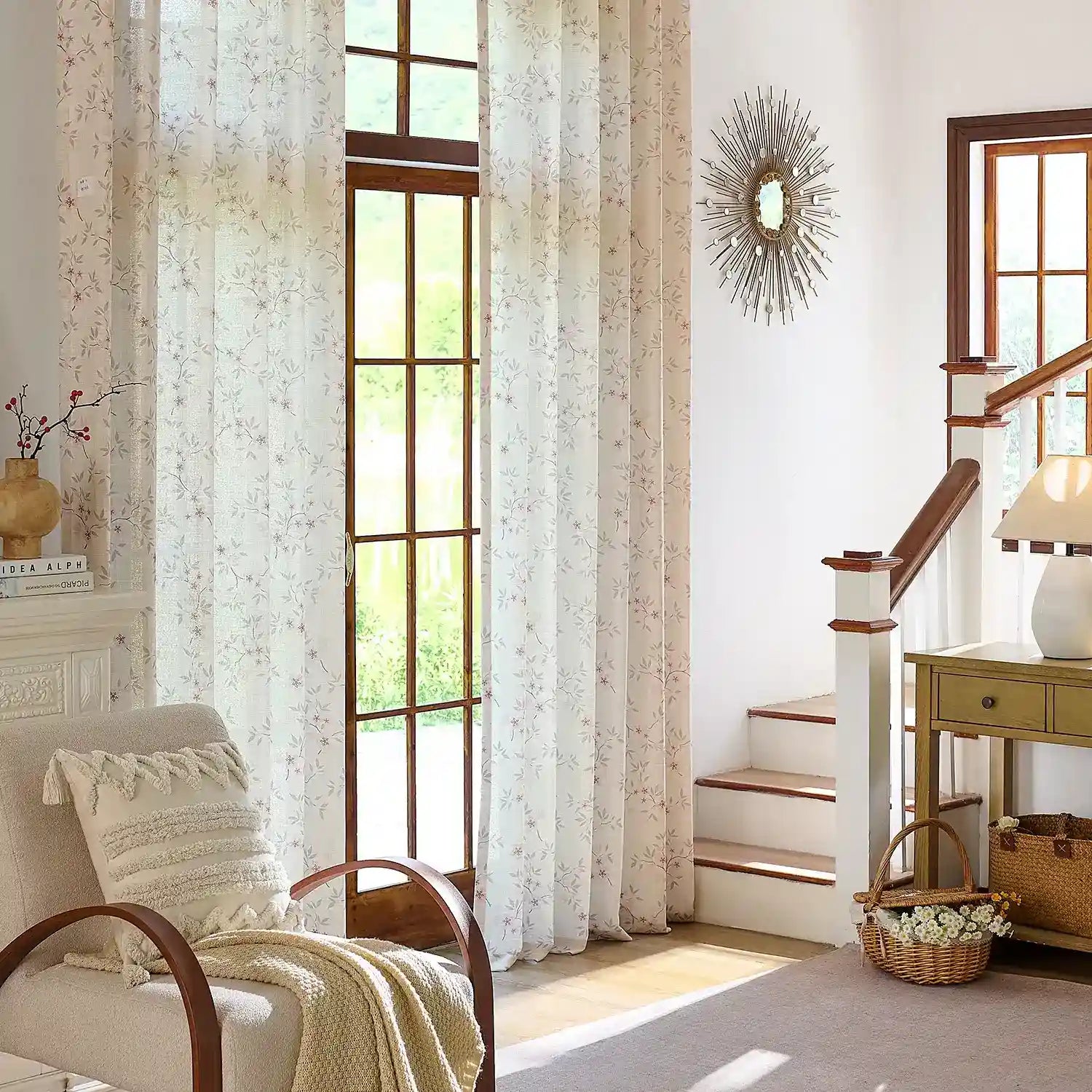 Olivine Peach Blossoms Linen Textured Sheer Curtains