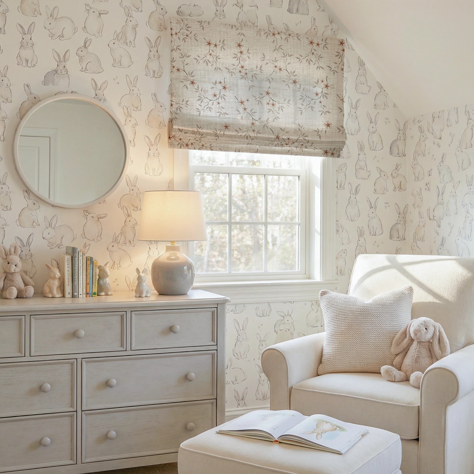 Olivine Peach Blossoms Linen Textured Roman Shades: Image H-005_scene_2 showcases the roman shade with elegant peach blossom patterns, soft linen textured fabric and stylish home scene coordination.