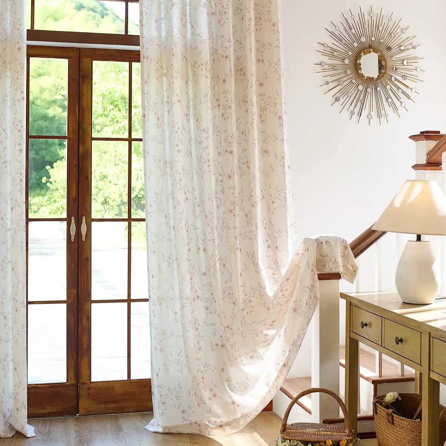 Olivine Peach Blossoms Linen Textured Sheer Curtains