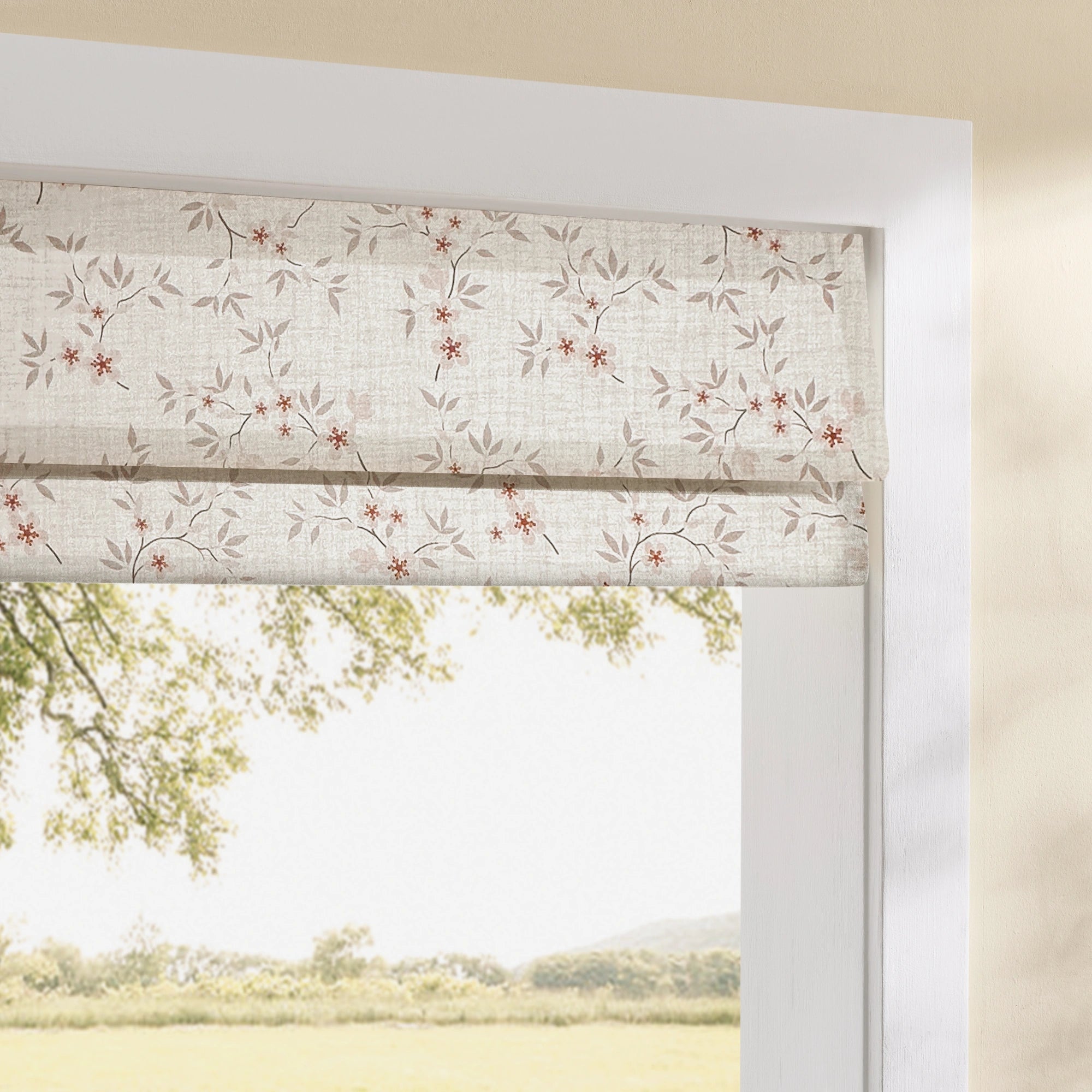 Olivine Peach Blossoms Linen Textured Roman Shades: Image H-005_scene_3 showcases the roman shade with elegant peach blossom patterns, soft linen textured fabric and stylish home scene coordination.