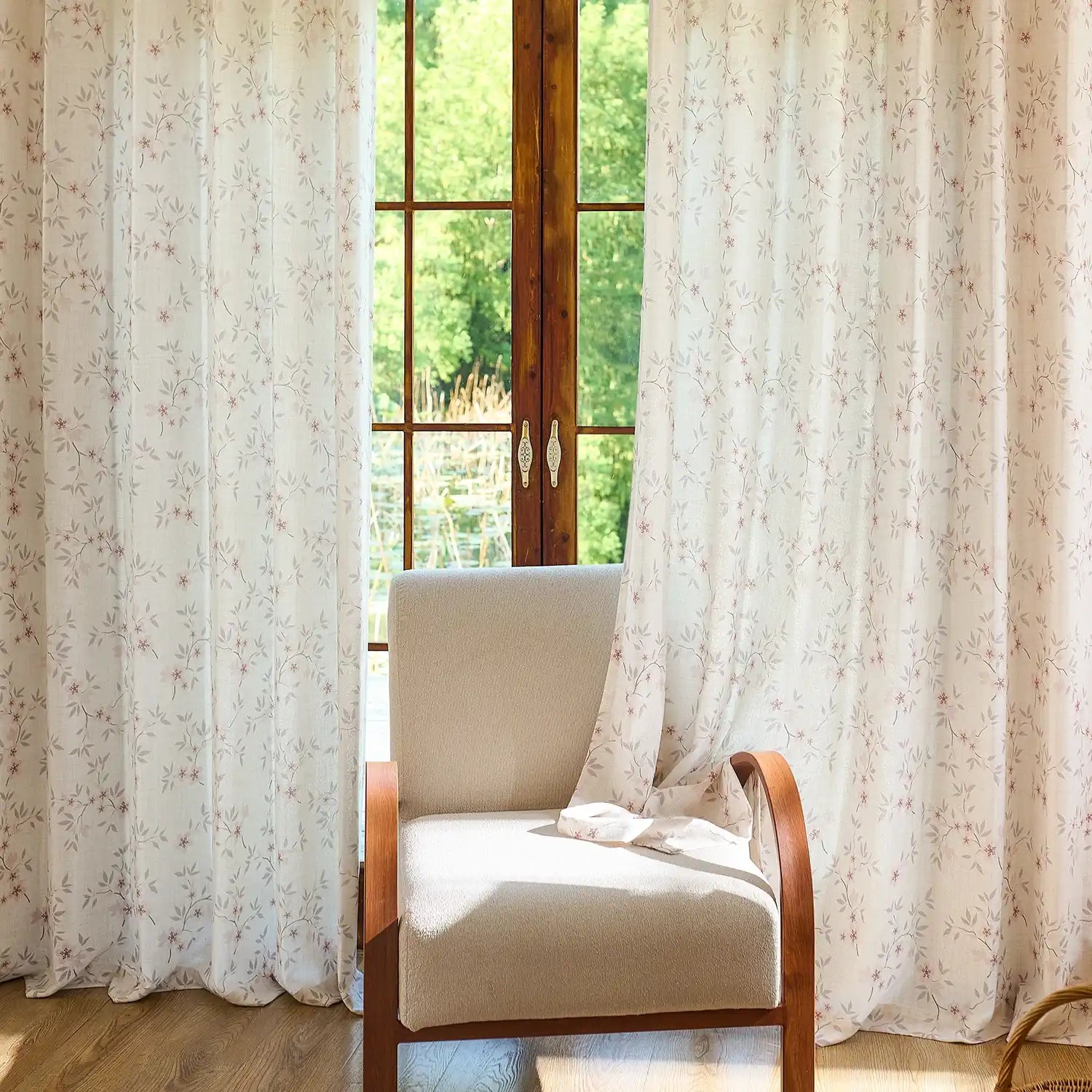 Olivine Peach Blossoms Linen Textured Sheer Curtains
