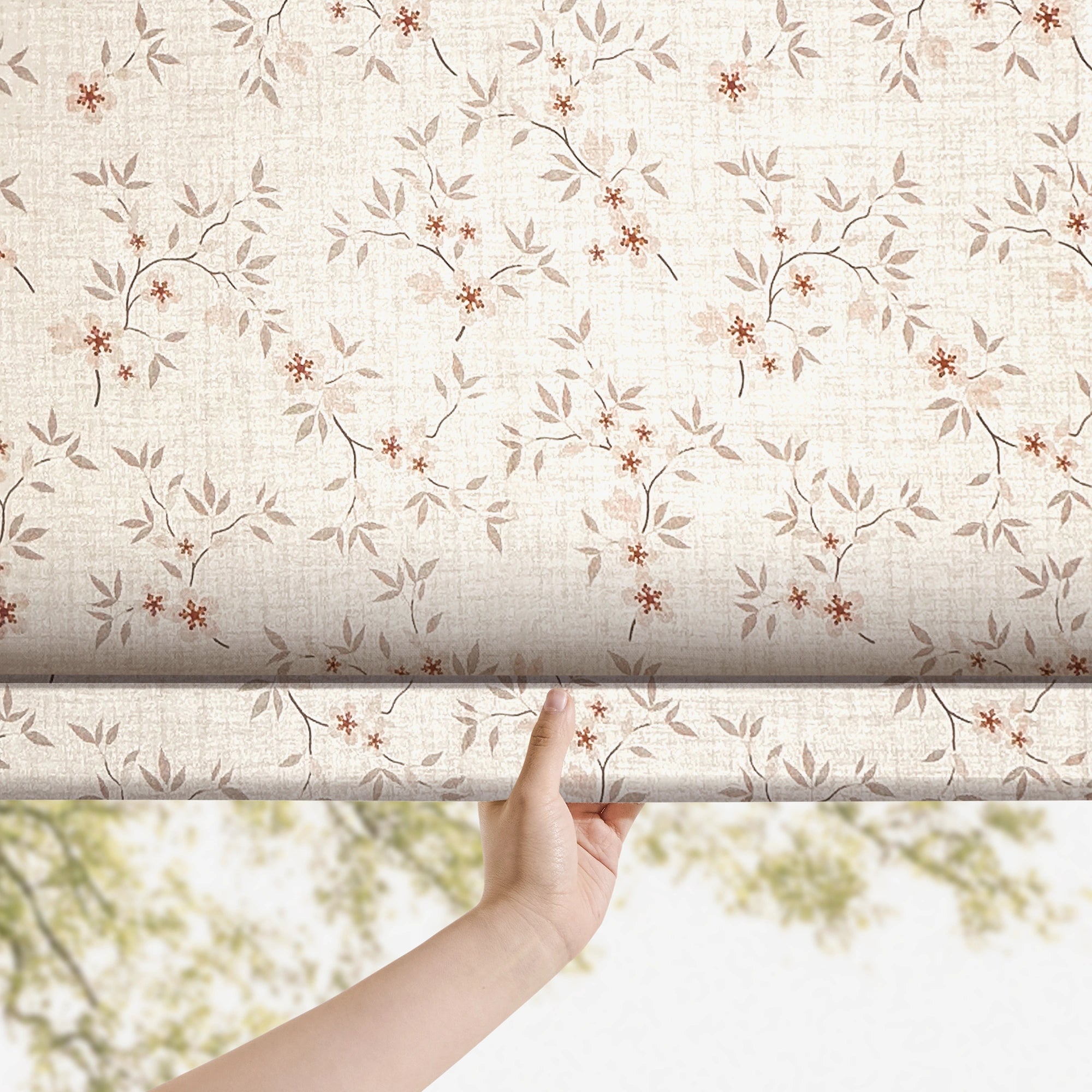 Olivine Peach Blossoms Linen Textured Roman Shades: Image H-005_scene_4 showcases the roman shade with elegant peach blossom patterns, soft linen textured fabric and stylish home scene coordination.