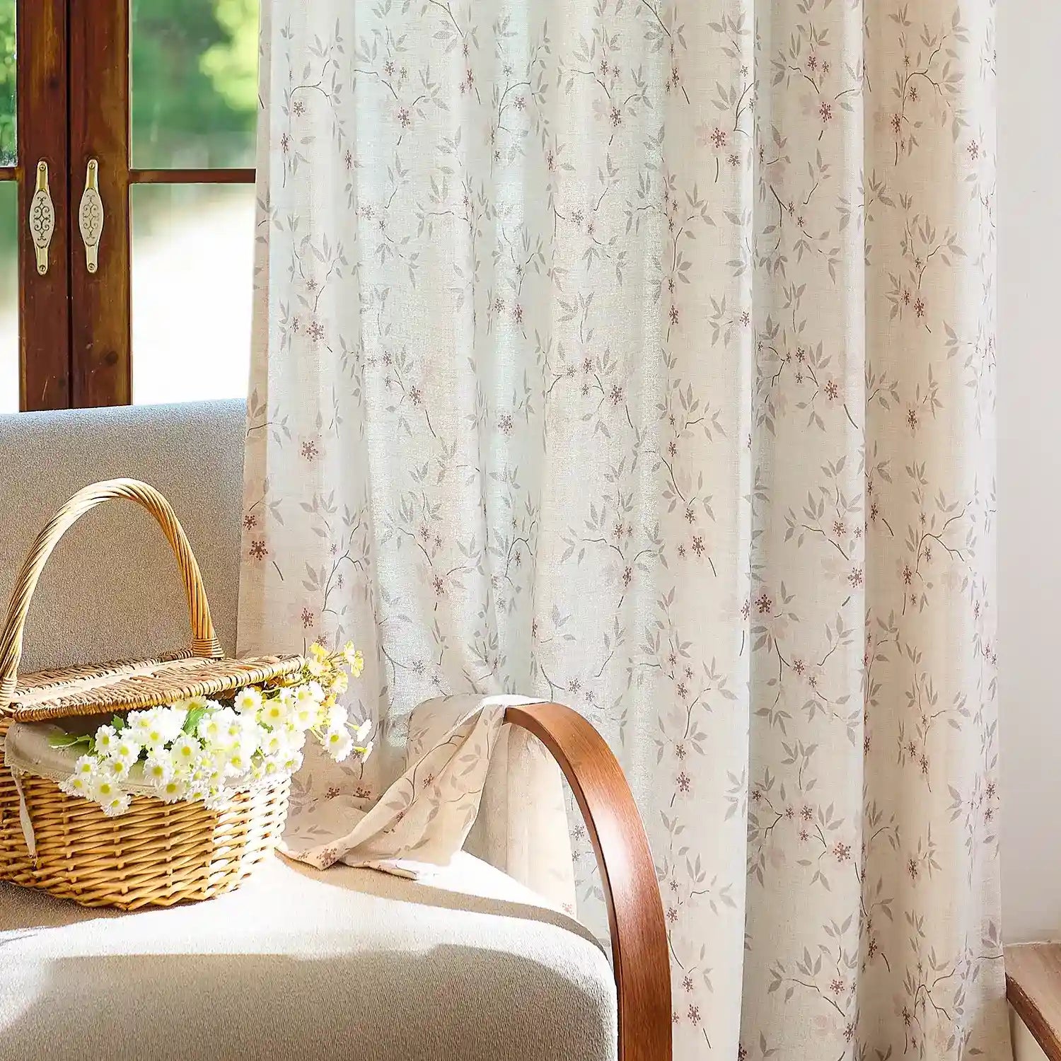 Olivine Peach Blossoms Linen Textured Sheer Curtains