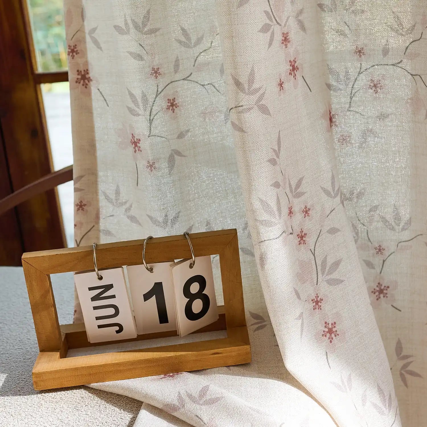 Olivine Peach Blossoms Linen Textured Sheer Curtains