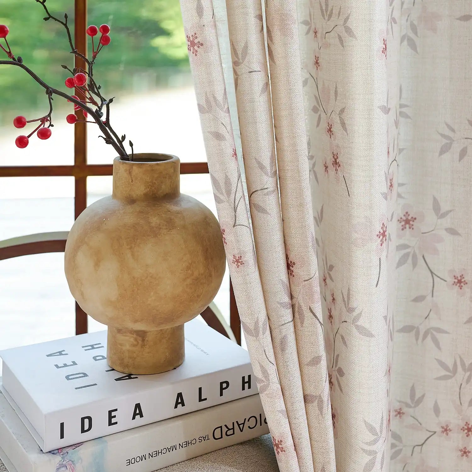 Olivine Peach Blossoms Linen Textured Sheer Curtains