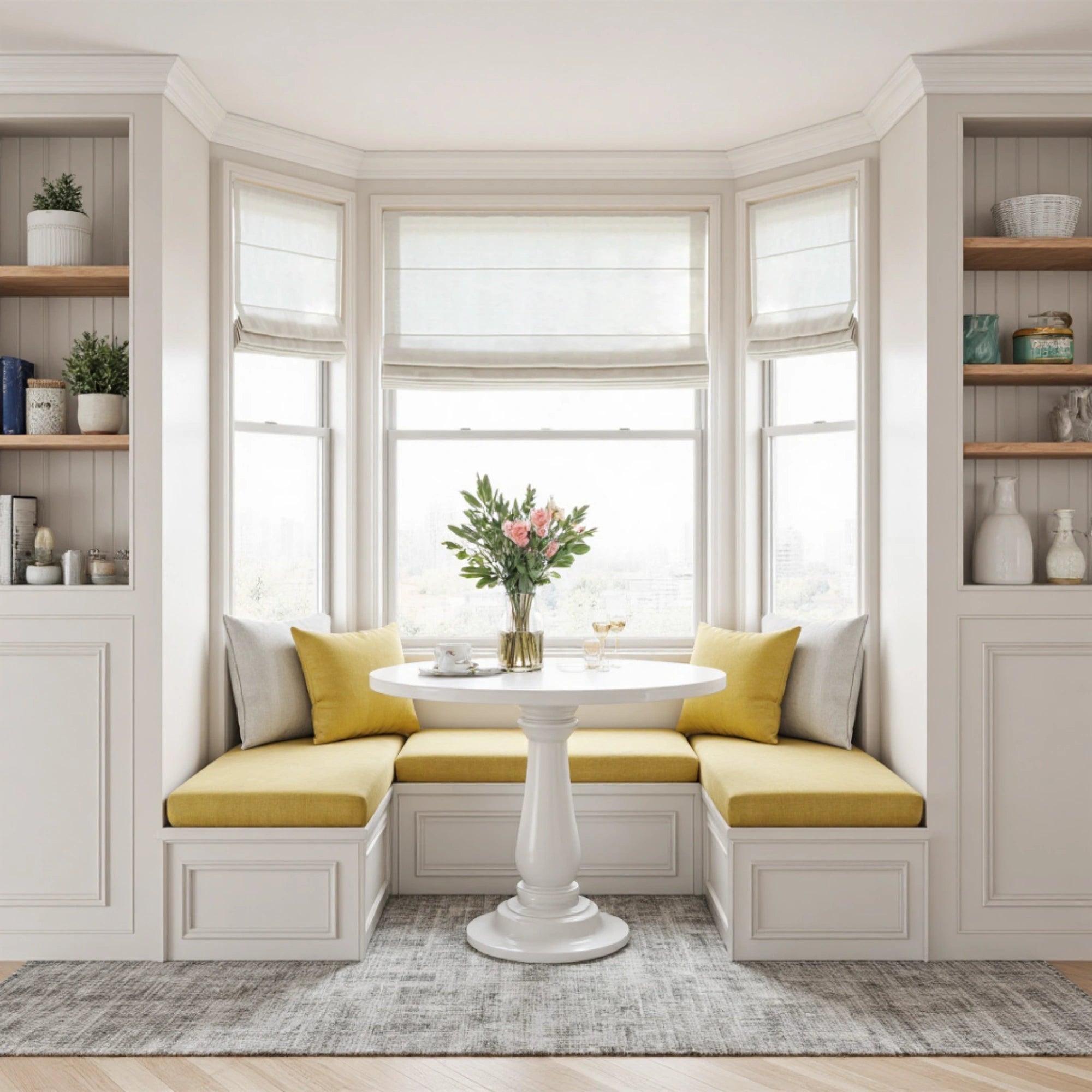 Orinda Semi Sheer Roman Shades: Image KLQ2-2_scene_1 showcases the roman shade with soft semi sheer fabric, gentle light filtering effect and elegant home scene display.